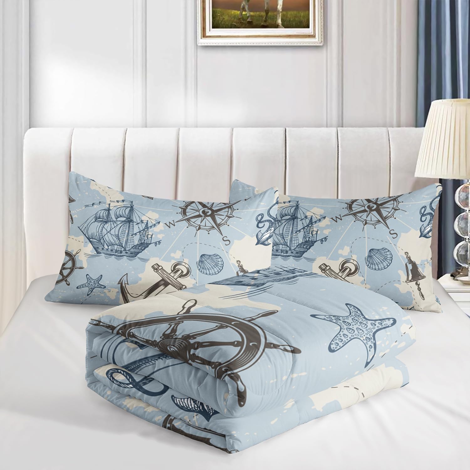 HOSIMA Anchor Nautical Bedding Kids Comforter Set Twin Size,Compass Whale Sailing Shell Print Bed Sets for Girls Boys Room Decor,Grey Comforter Twin Bedding Set with 2 Pillowcases.