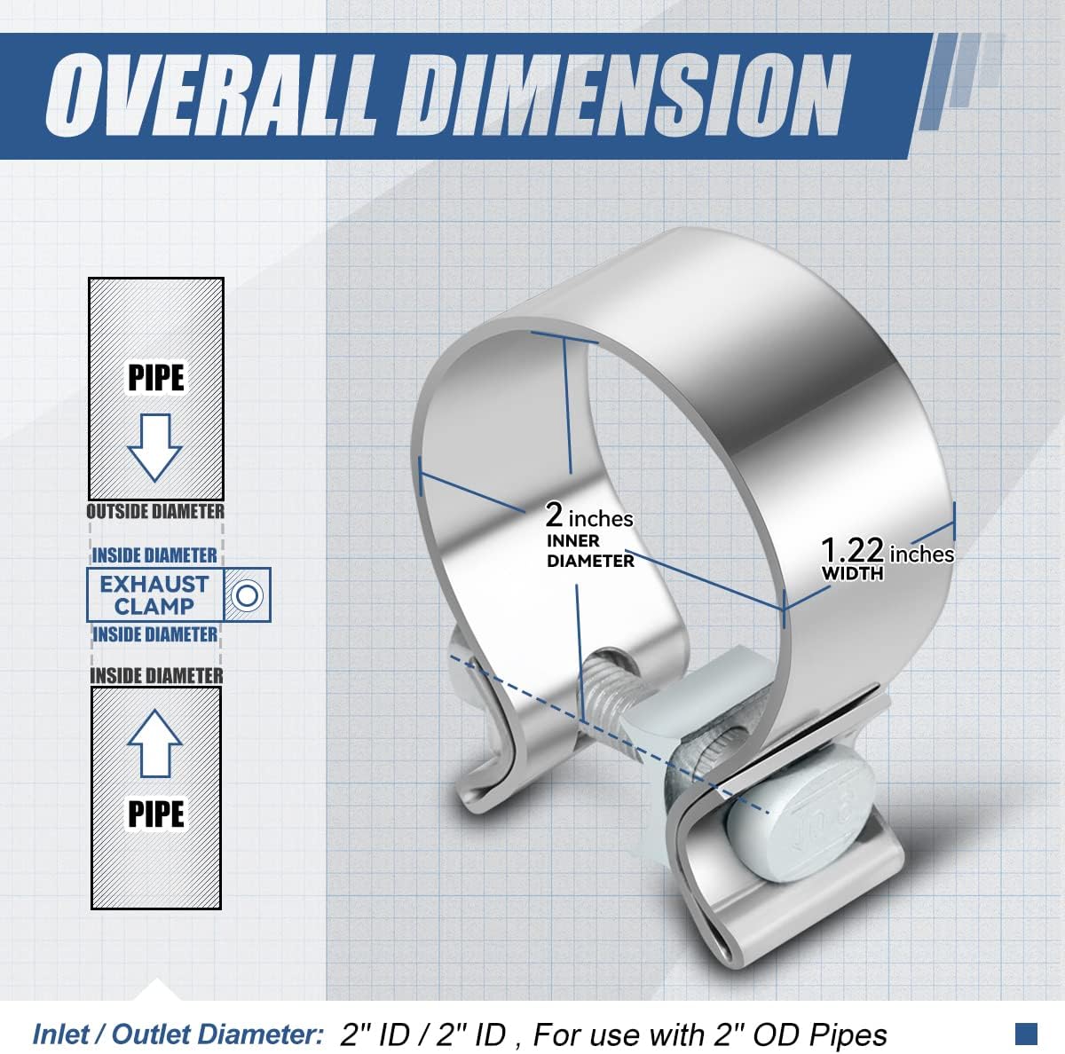 Auto Dynasty 2 Inches ID Narrow Band Exhaust Muffler Seal Clamps Sleeve, Universal Use for 2" Outer Diameter Pipe, Stainless Steel (Pack of 10)