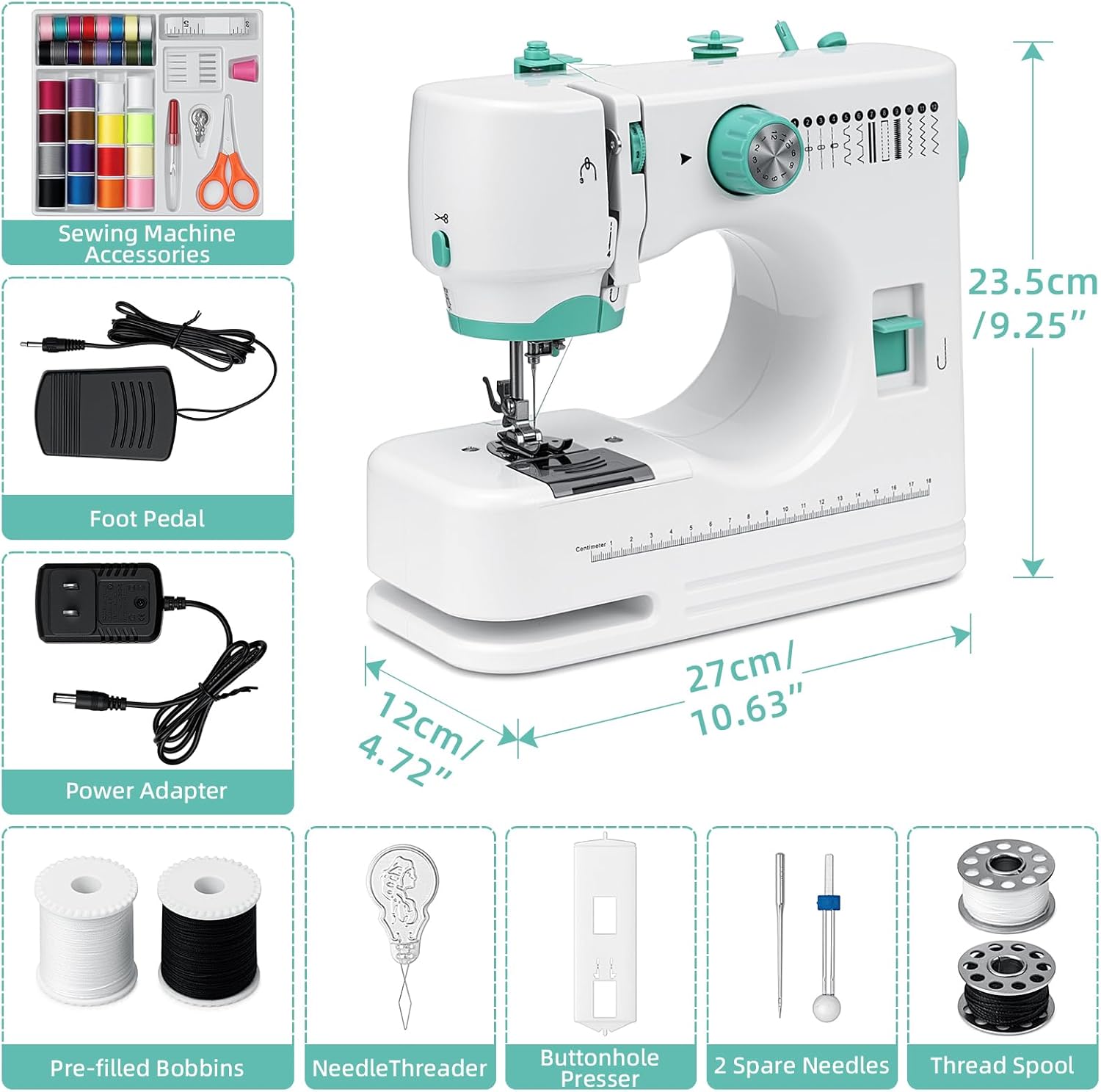 Sewing Machine with Extension Table & 12 Built-in Stitches & Night Light & Foot Pedal, Ideal for DIY Projects, Crafting, Quick Fixes, Mini Size for Portable & Easy Storage —— White & Green