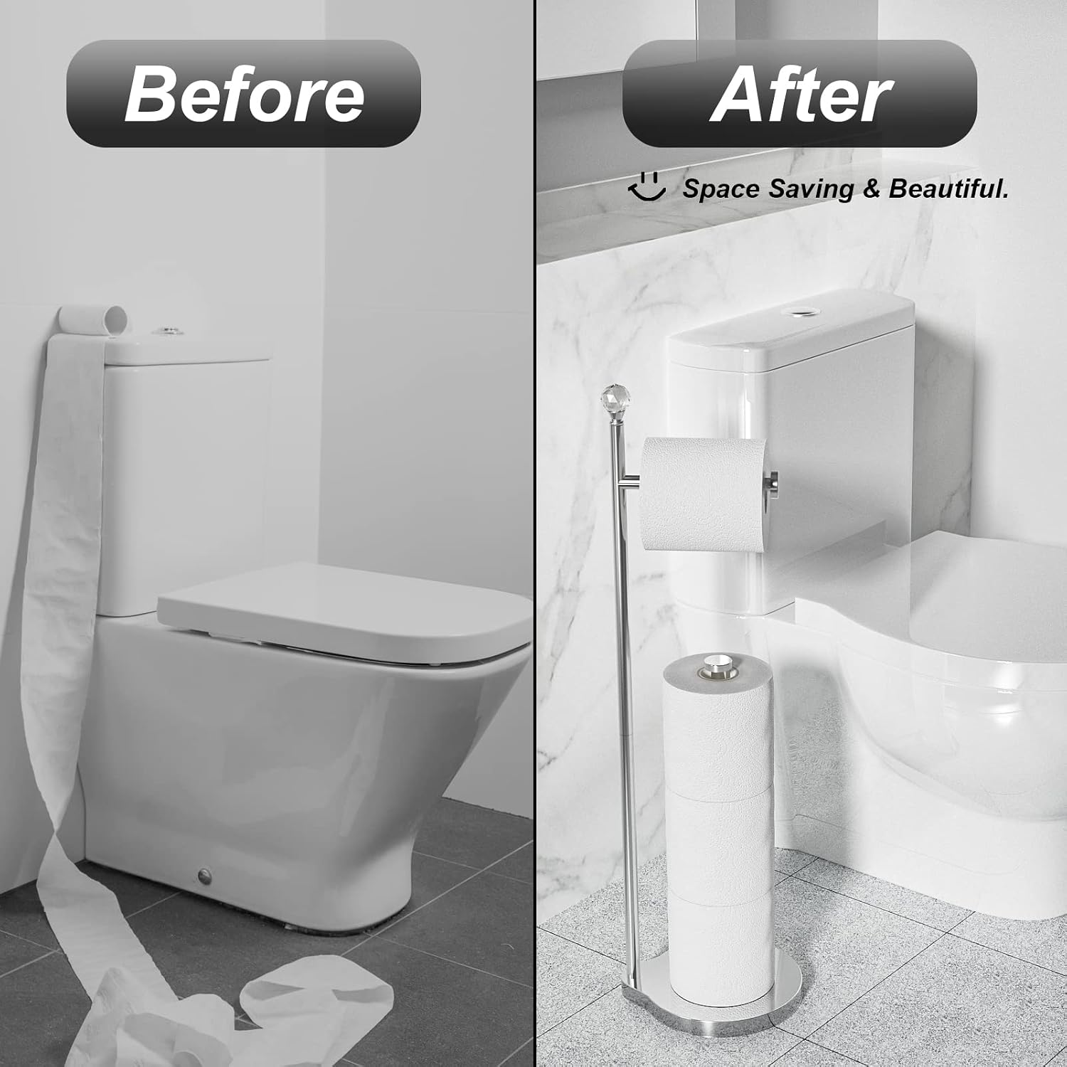 KASUNTO Toilet Paper Holder for Bathroom, Heavy Weighted Metal Free Standing Toilet Paper Storage with Crystal Ball, Toilet Paper Stand for Bathroom Accessories, （Polished Chrome ）