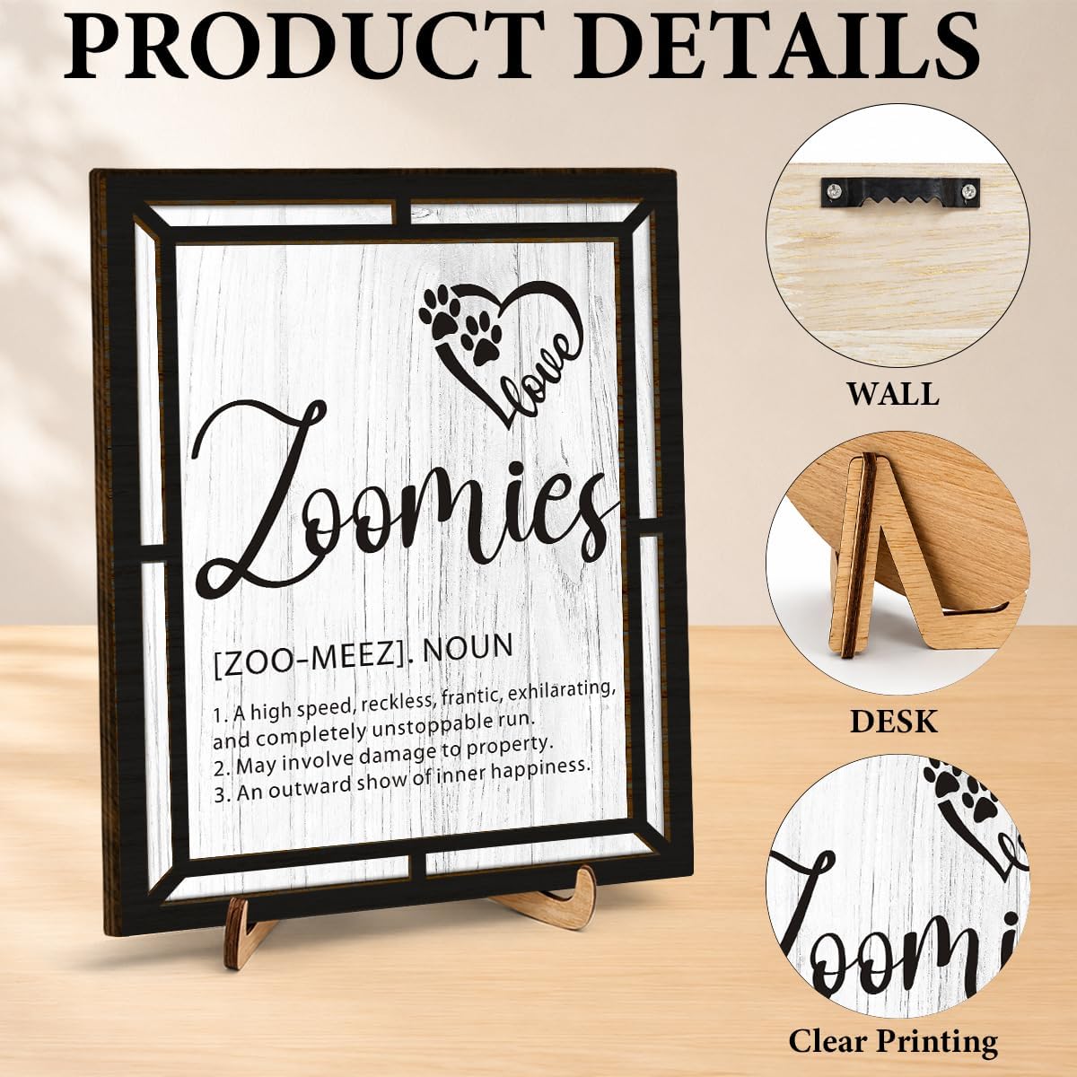 BIQRP Funny Zoomies Definition Paw Heart Wooden Wall Art Decor Sign image 3