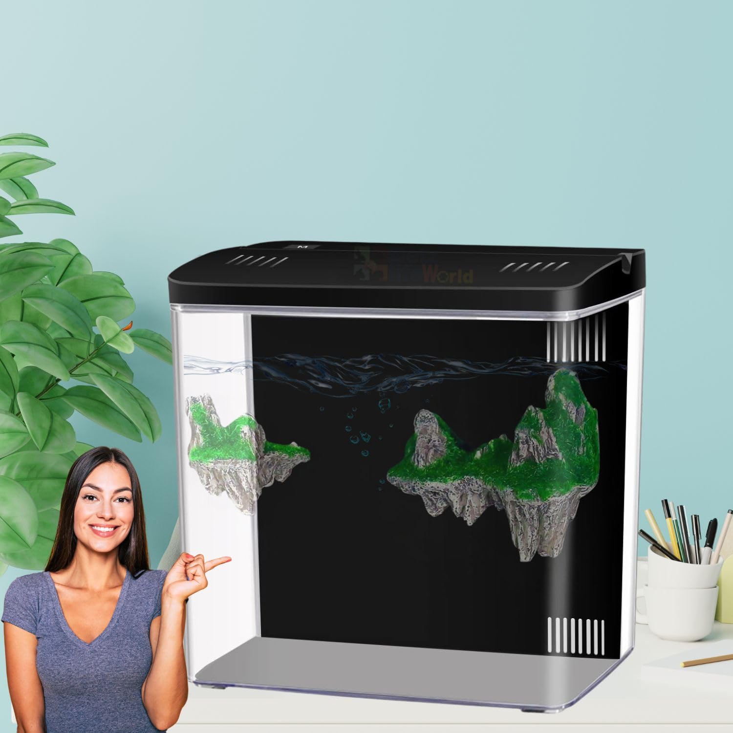 VAYINATO® Mini Square Shape Aquarium Small Desktop With Mini Mountain Home Decortive Fish Tank with USB Connector, Multi Mode LED Light, Ultra Silent Pump for Small Fishes (Black, Size : 20x15x20.5CM) (B0DCJVCJY4) Amazon Price History, Amazon Price Tracker
