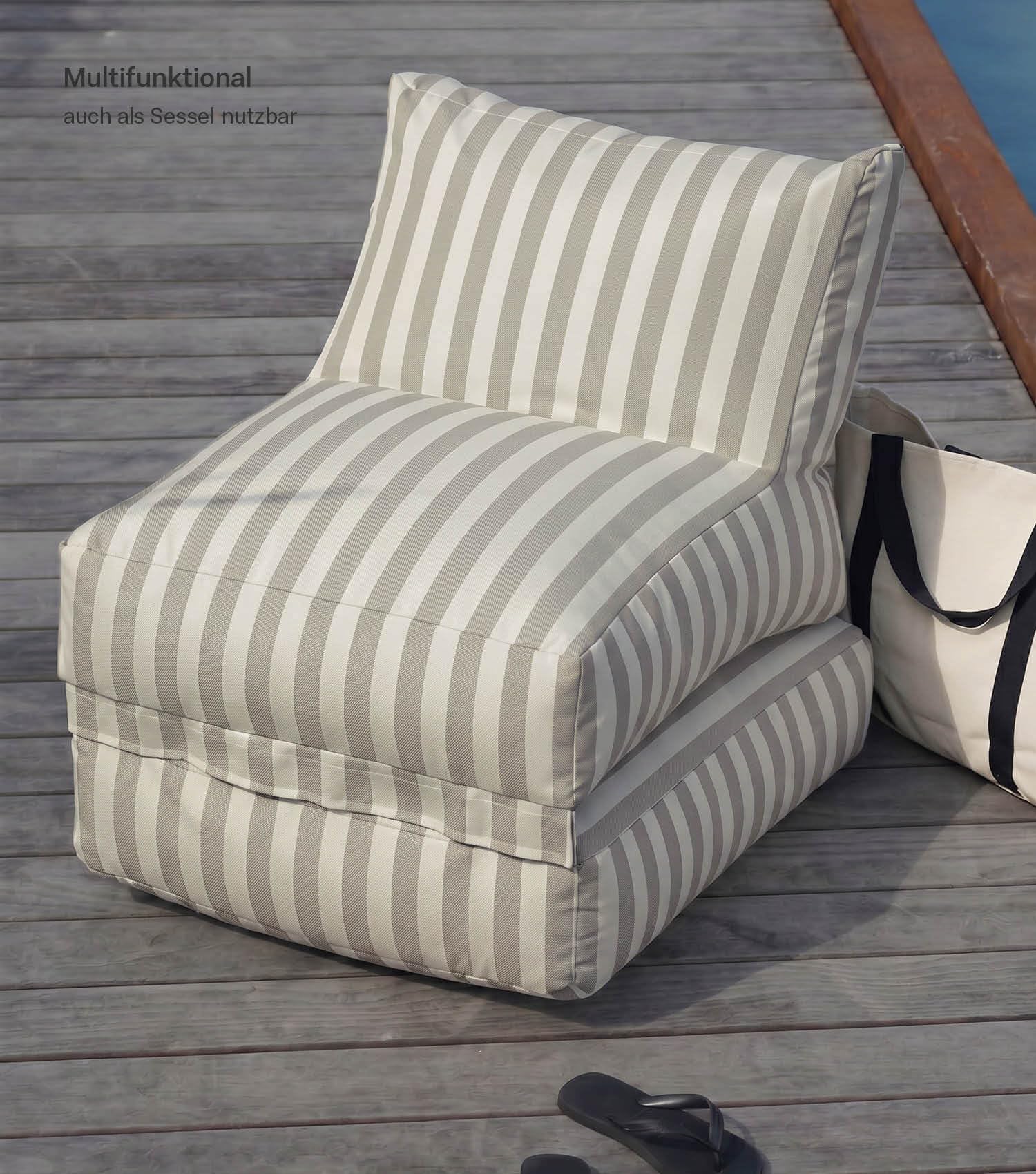 mokebo Outdoor Sitzsack XXL 'Der Summerdream' wetterfest & wasserabweisend, Bean Bag mit Füllung Gartenliege Relaxliege, Outdoorkissen für Balkon und Garten Cream-Lichtgrau gestreift