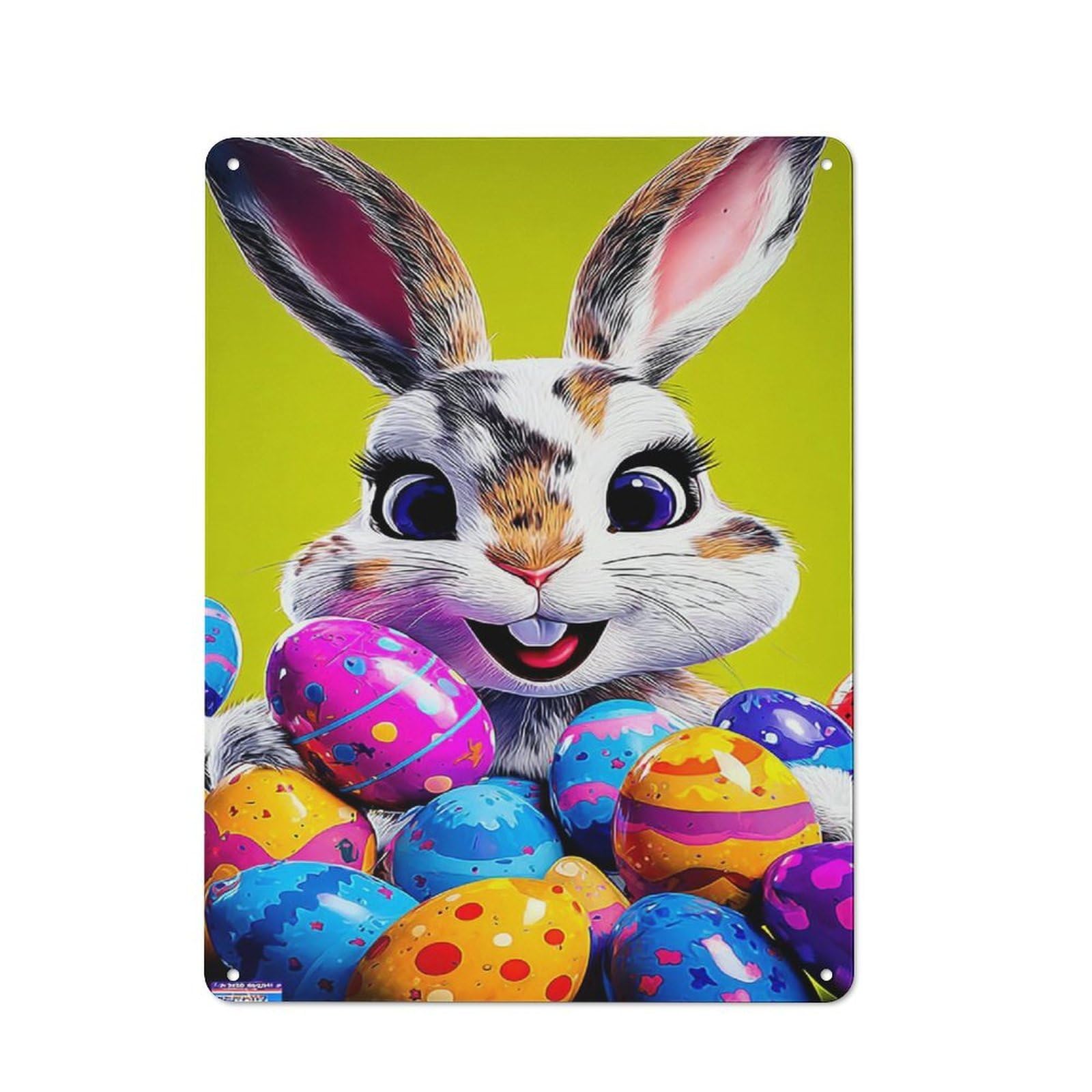 Decorative Tin Sign with Colorful Easter Eggs with Bunny Design 40x30cm, Farmhouse Cottage Wall Art for Farmhouse Kitchen, Pantry Or Dining Area