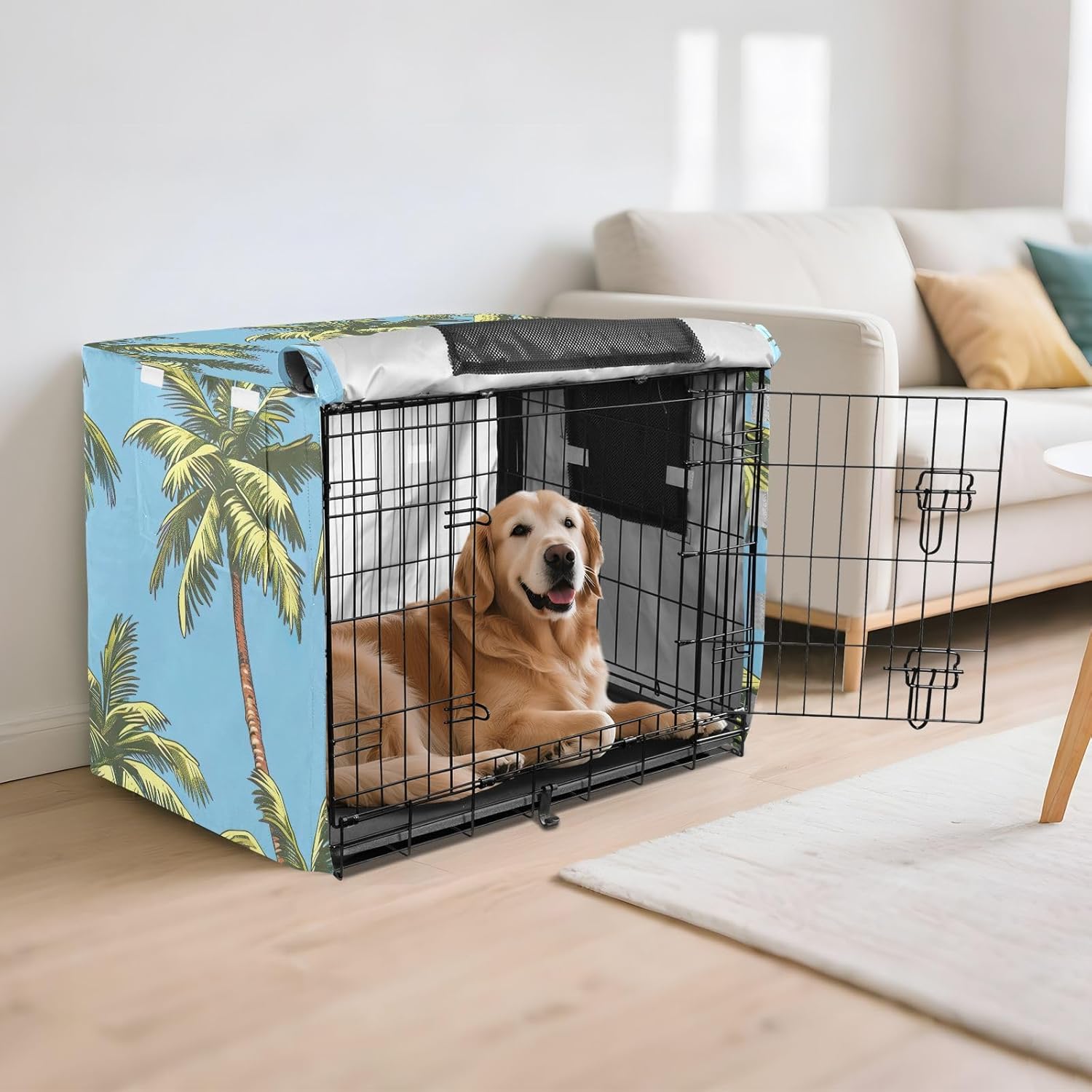 Palm Trees Blue Dog Crate Covers Roll-up Side Panels, Covers for Pet Crates, Large