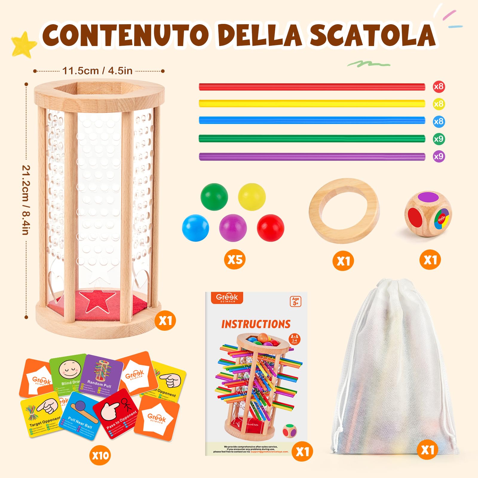 Gioco in Legno Stick Pull con Carte Sfida | Gioco strategia equilibrio legno, gioco da tavolo, gioco familiare senza schermi, gioco bambini 3-10, regalo Natale