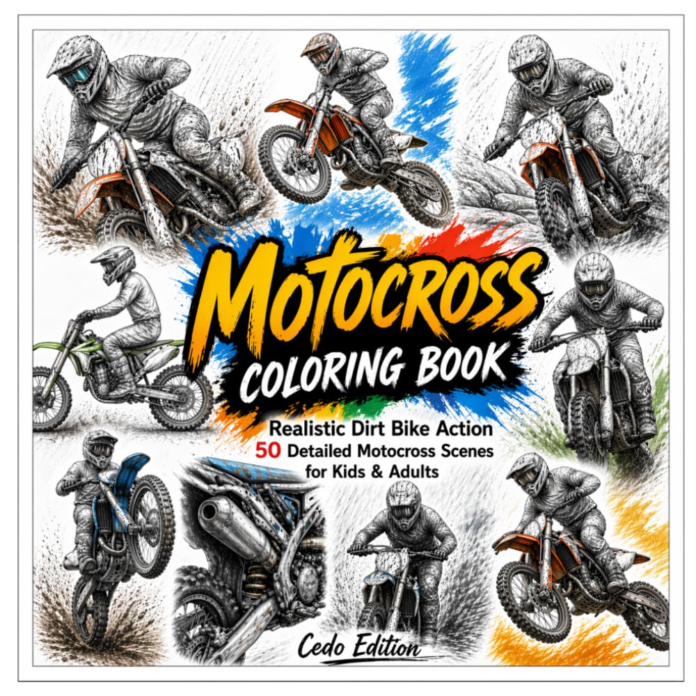 Motocross Coloring Book: Realistic Dirt Bike Action 50 Detailed Motocross Scenes for Kids & Adults