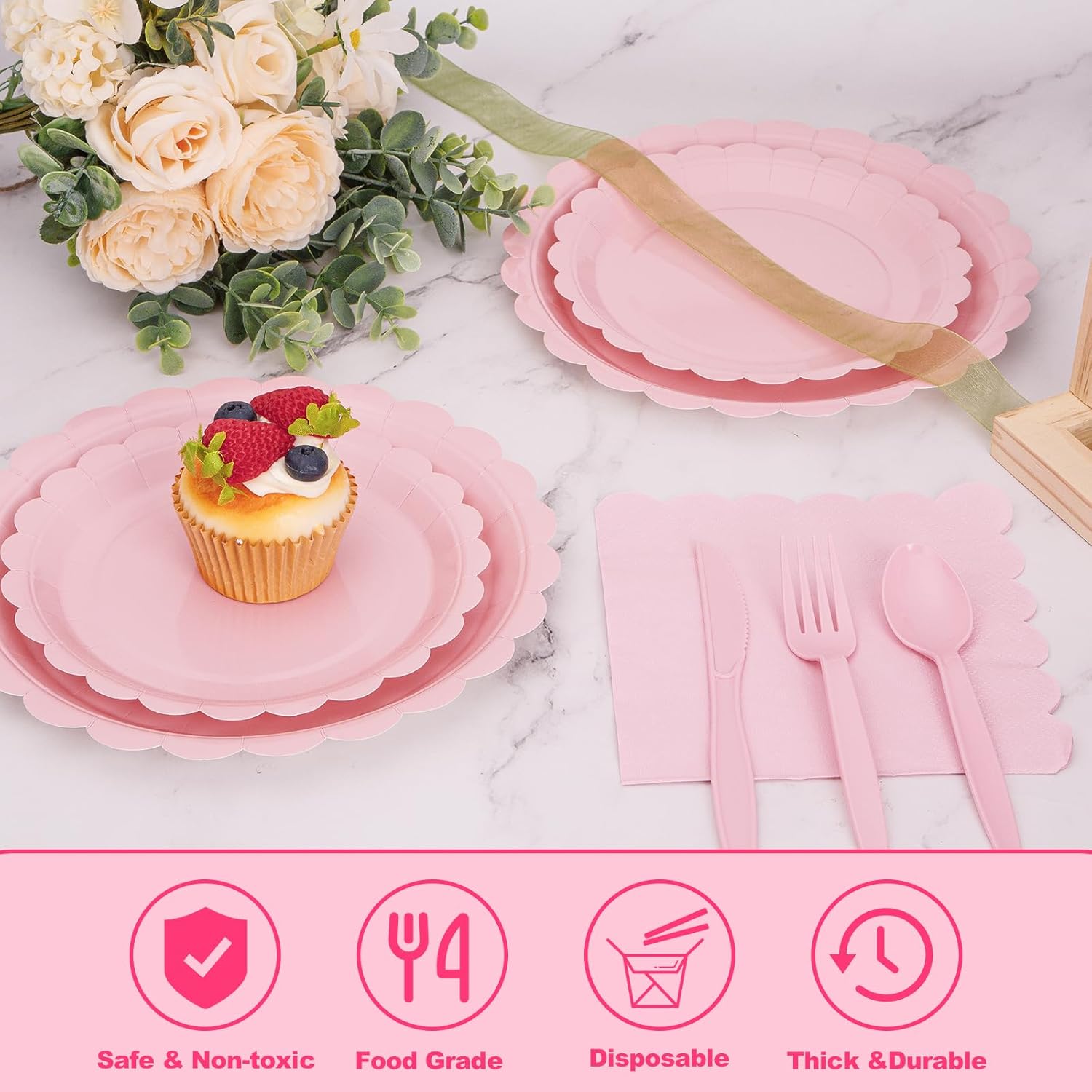 168 Pcs Pink Paper Plates and Napkins, Light Pink Party Supplies Include Scalloped Plate Napkins Cups Forks Knives Disposable Plastic Cutlery for Xmas Dinner Plates Table Decorations - Image 2
