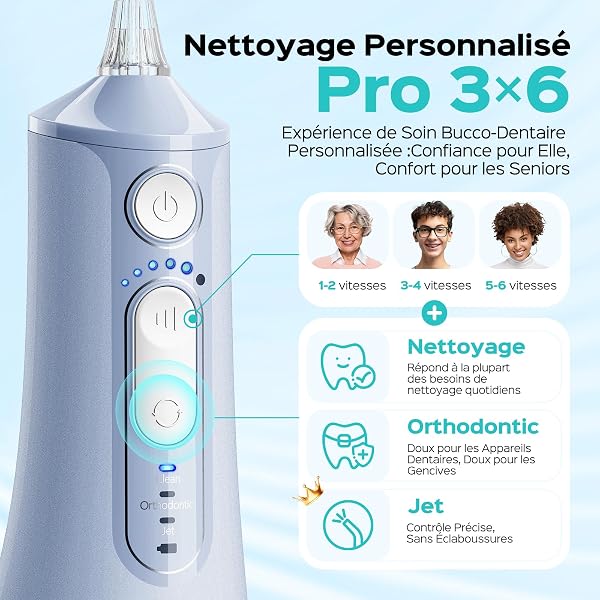 COSLUS Jet Dentaire Hydropulseur Irrigateur Oral: 3 Modes & 18Niveaux, Pic Dentaire Eau pour Orthodontie, Appareil Dentaire, Gencives Sensibles, Compact pour Voyage, Usage Familial,Bleu Brillant,C51 - 5