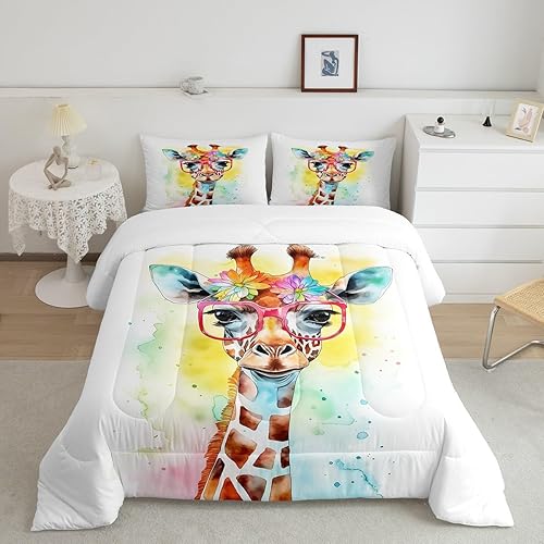 Manfei Juego de edredón de jirafa de acuarela para niños, tamaño individual, juego de ropa de cama de animales de dibujos animados, decoración de disponible en Yaxa Costa Rica