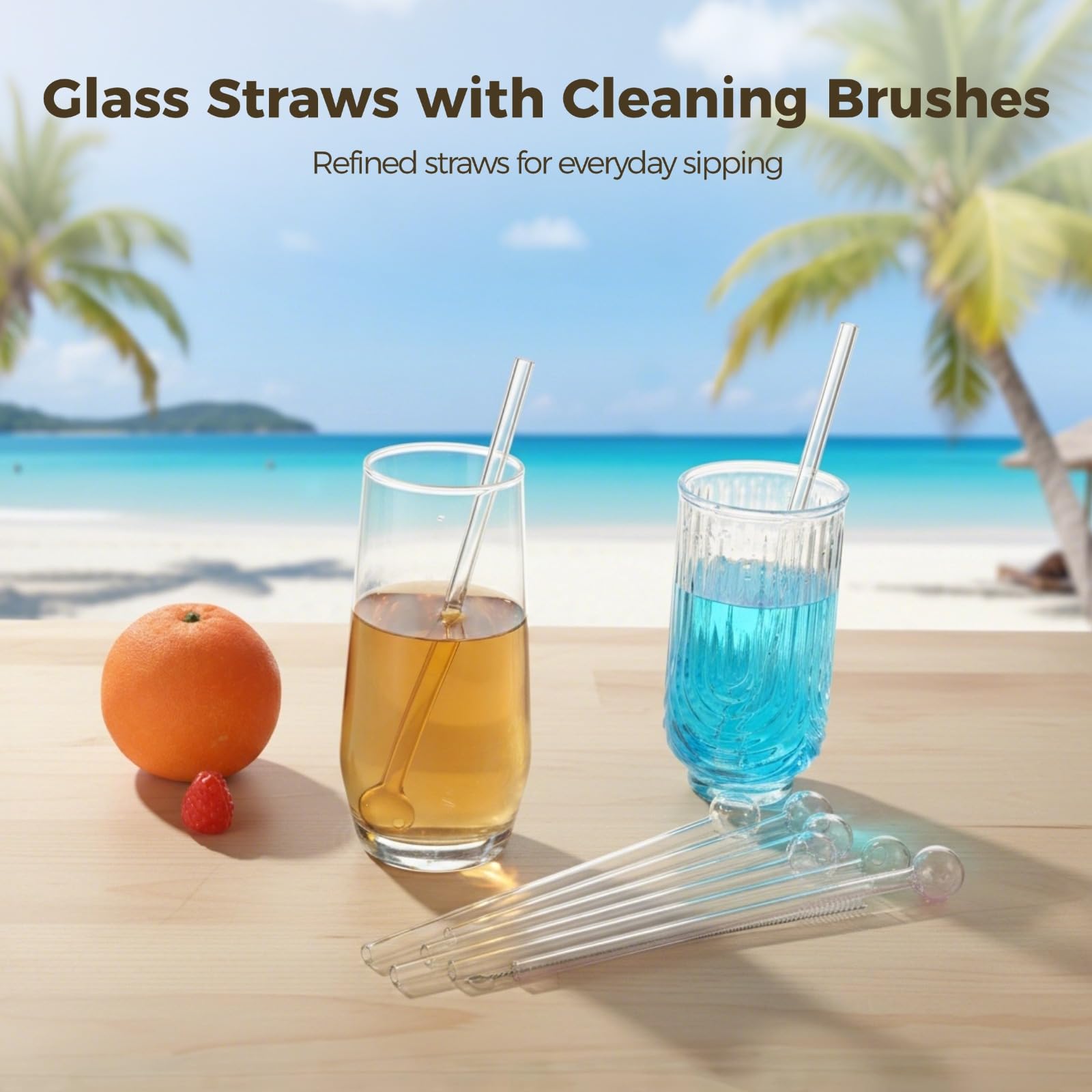 16 Stk. Glasstrohhalm-Set mit Reinigungsbürsten, wiederverwendbare Cocktail-Strohhalme aus Glas in 3,9 in und 7,9 in, mit Kugelende, als Trinkrührer für Saft, Smoothie, Milchshakes, Milchtee