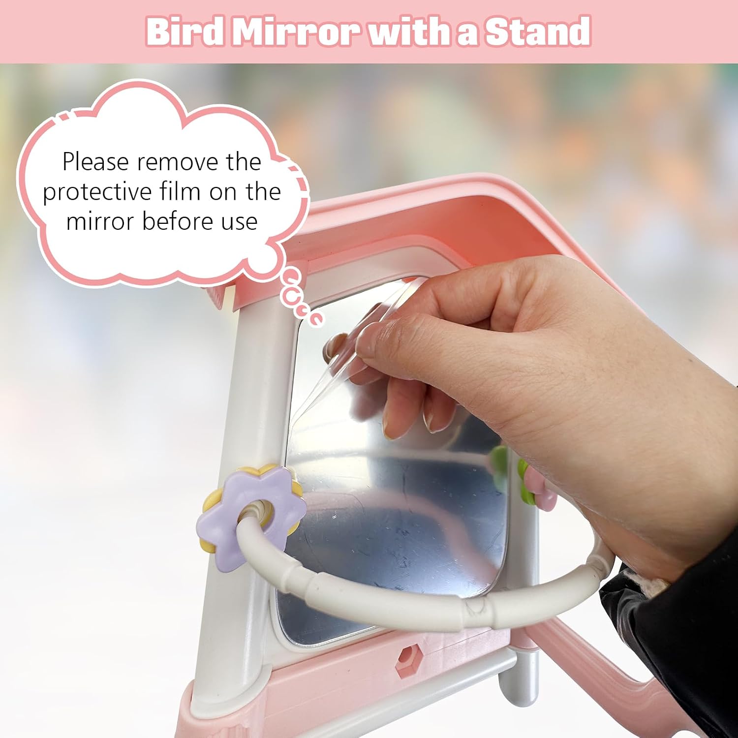 kathson Bird Mirror with Plastic Perch and 5PCS Colorful Rattan Balls Parakeet Hanging Swing with Mirror Interactive Toy Bird Cage Accessories for Cockatiel Parrot Conures Cockatoo Finch(Pink)