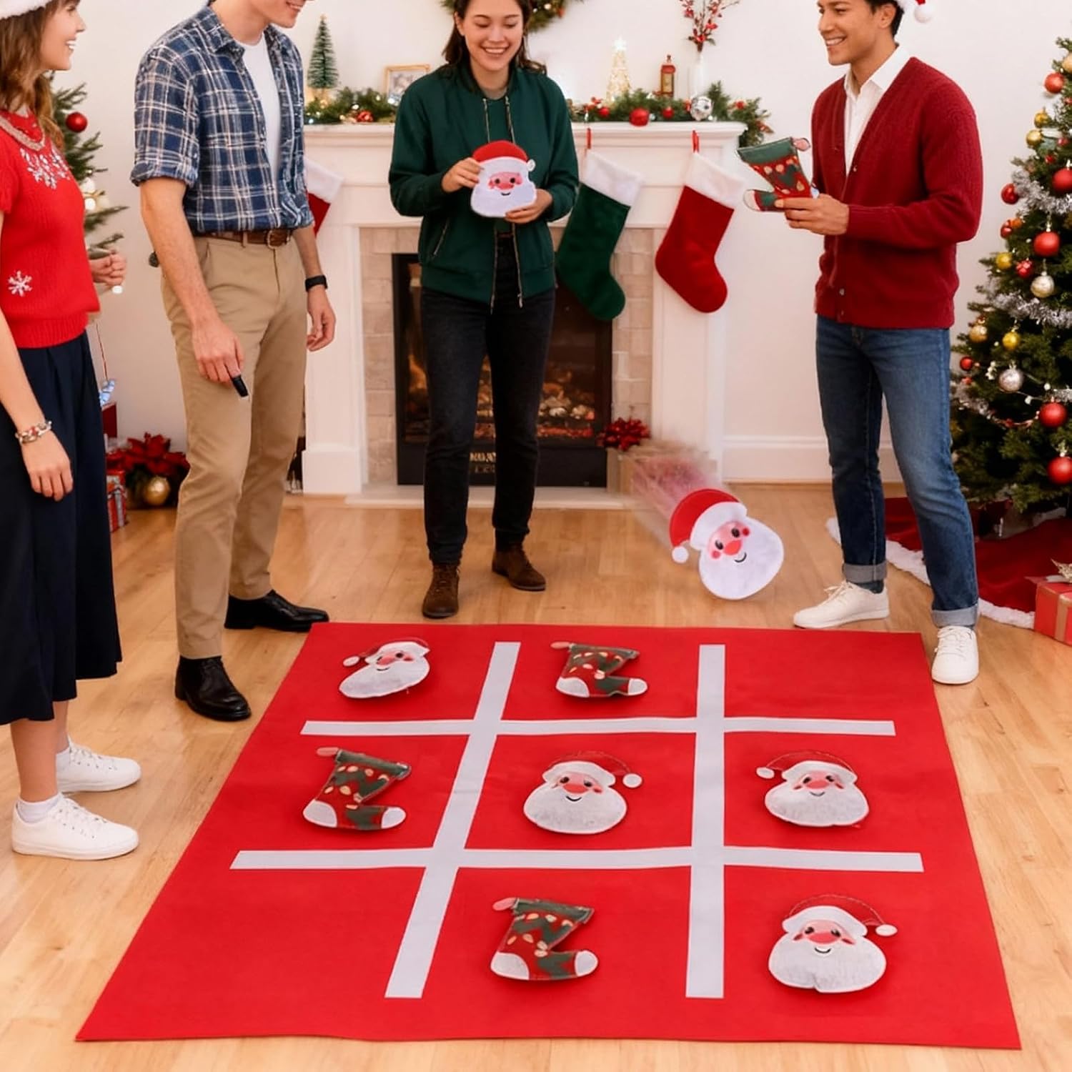 Peryiter Christmas Party Games Giant Tic Tac Toe Outdoor Games Set Jumbo 3 ft Large Felt Board with 10 Pcs Bean Bags Tic Tac Toss Backyard Lawn Camping Game Family Party Xmas Activities Game