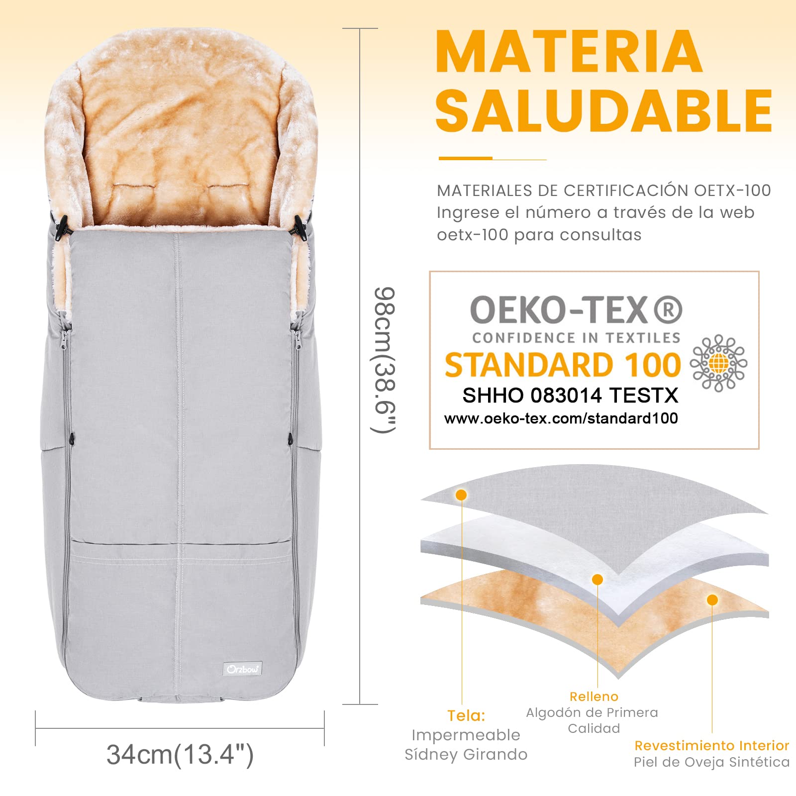 Orzbow Saco Silla Paseo Universal Invierno con Piel de Cordero Artificial, Impermeable Saco Carro Bebe Invierno con Cremallera, Fácil Acceso, Extraíble y Lavable a Máquina (Gris Claro)