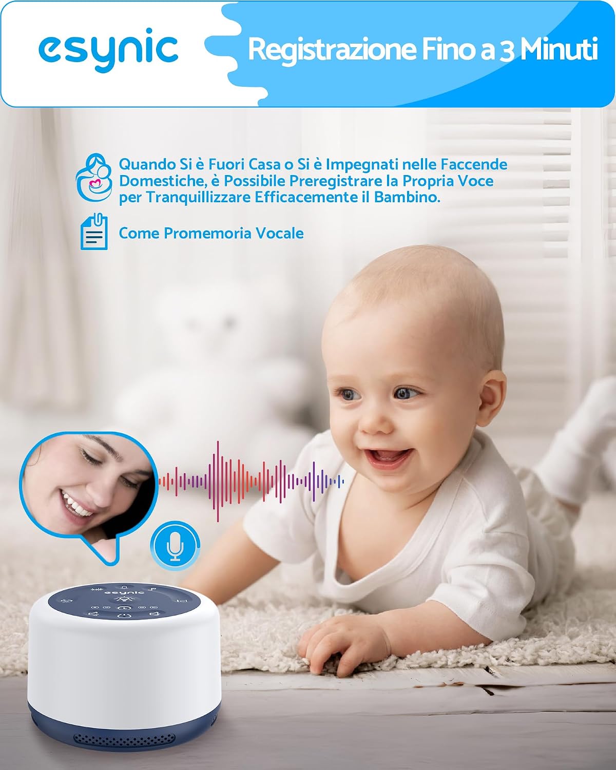 ESYNiC White Noise Machine with its night light glowing, showing a mother feeding a baby in a dimly lit room.