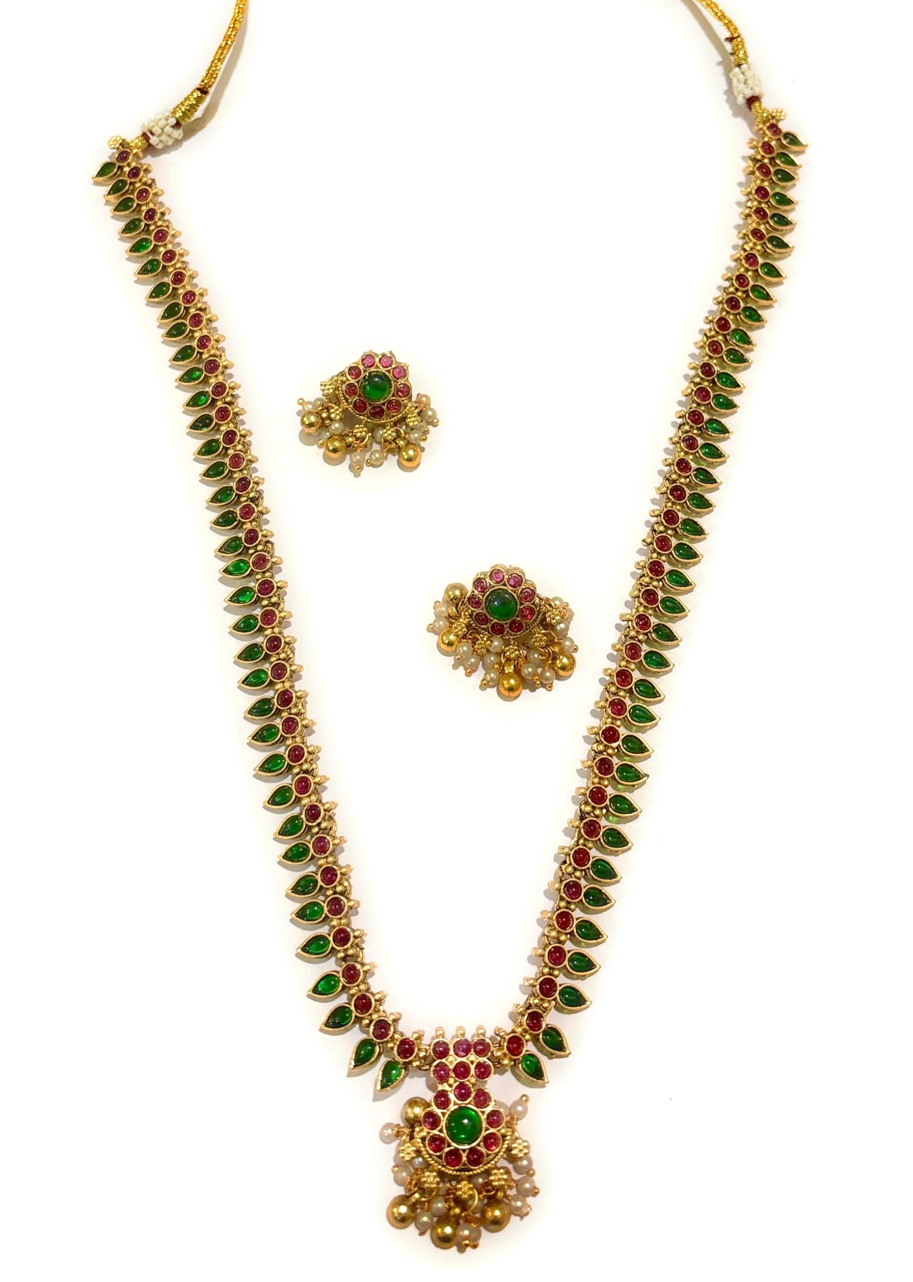 Laxmi Long Necklace Design pattern Ruby & Emerald, pearl based Gold plated south Indian Wedding Traditional temple jewellery set. Latest fashion Jewellery for Girls & Women.-image-26