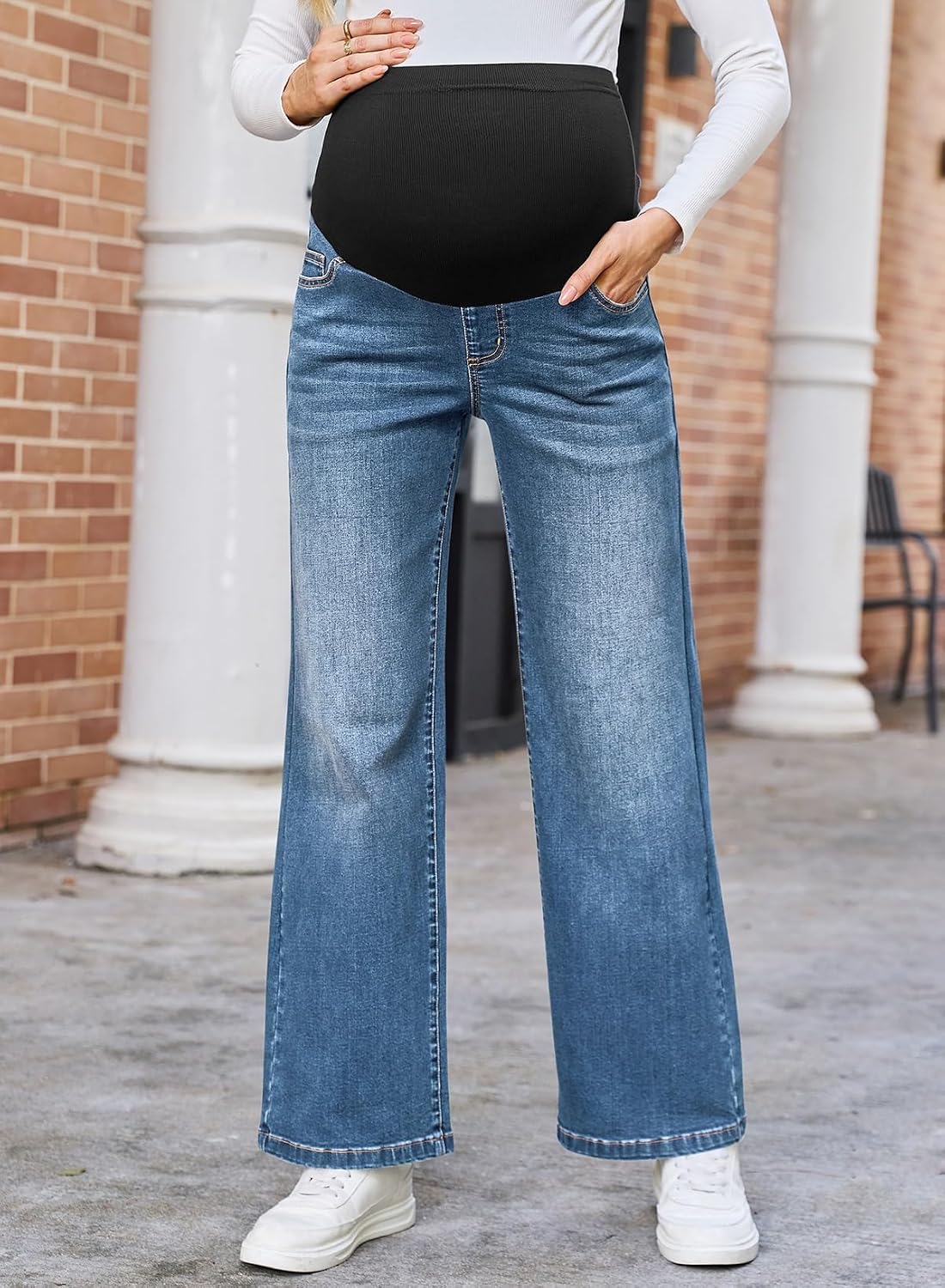 BLENCOT Women Wide Leg Maternity Jeans Adjustable Waist Pregnancy Pants