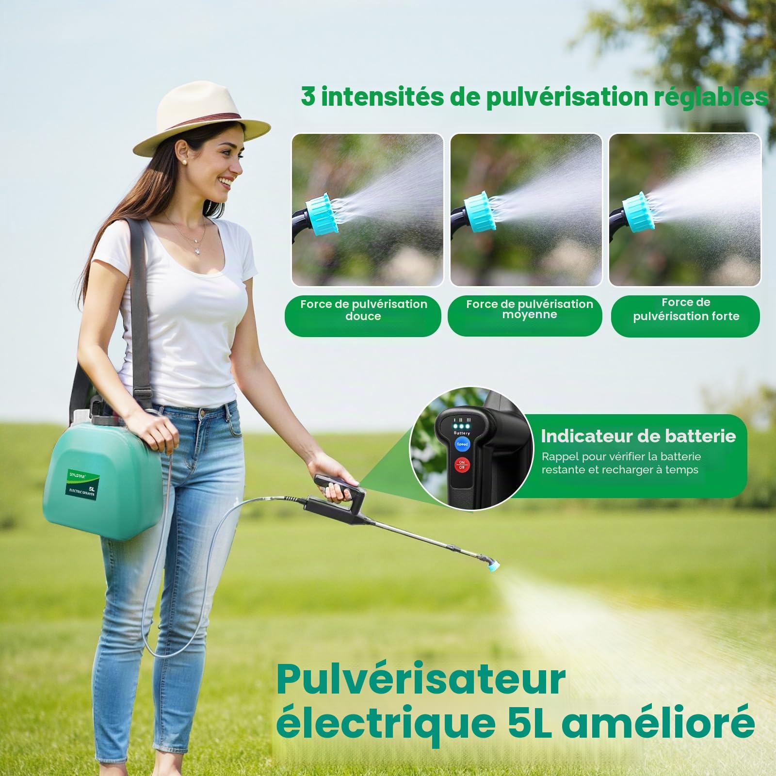 SYLSTAR Pulverisateur Electrique 5L, 7.4V Puissant Pulverisateur de Jardin avec 4 Jet Réglable, 3 Vitesses Pulvérisateur à Batterie Rechargeable avec Canne Telescopique pour Arrosage Désherbage (Vert)