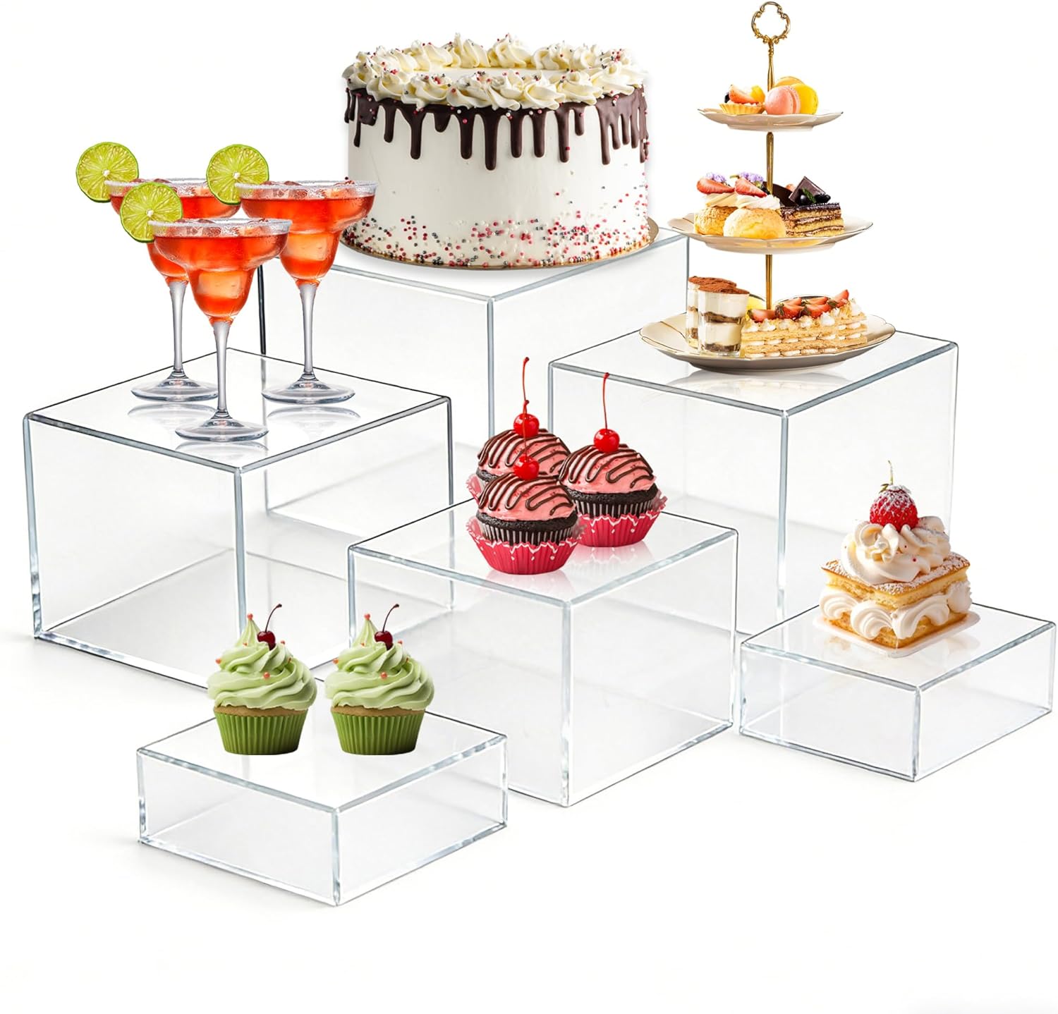 6Pcs Acrylic Buffet Risers, Large Food Risers for Buffet Table, Display Stand Shelf for Party, Clear Cube Boxes Dessert Table Display Set, Risers Display Stands (Clear)