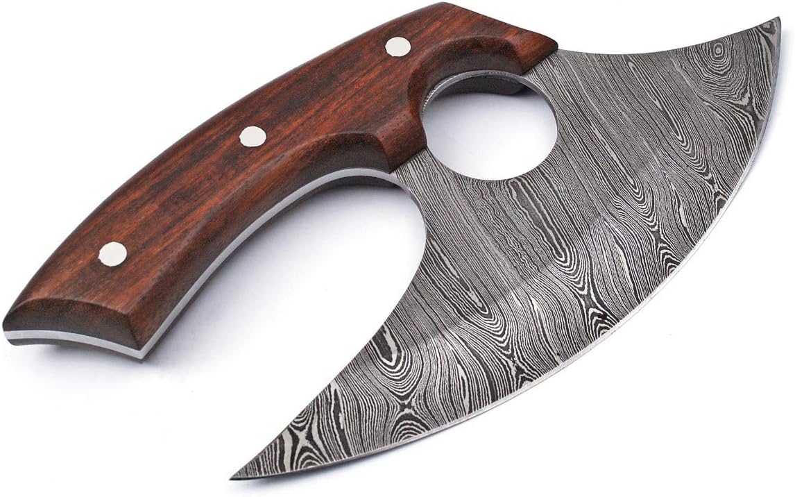 Handmade Damascus Steel Ulu Knife - Fixed Blade knife for Chopping Boning Slicing Cutting ,Solid Rose Wood Handle with Leather Sheath, Wood,Steel