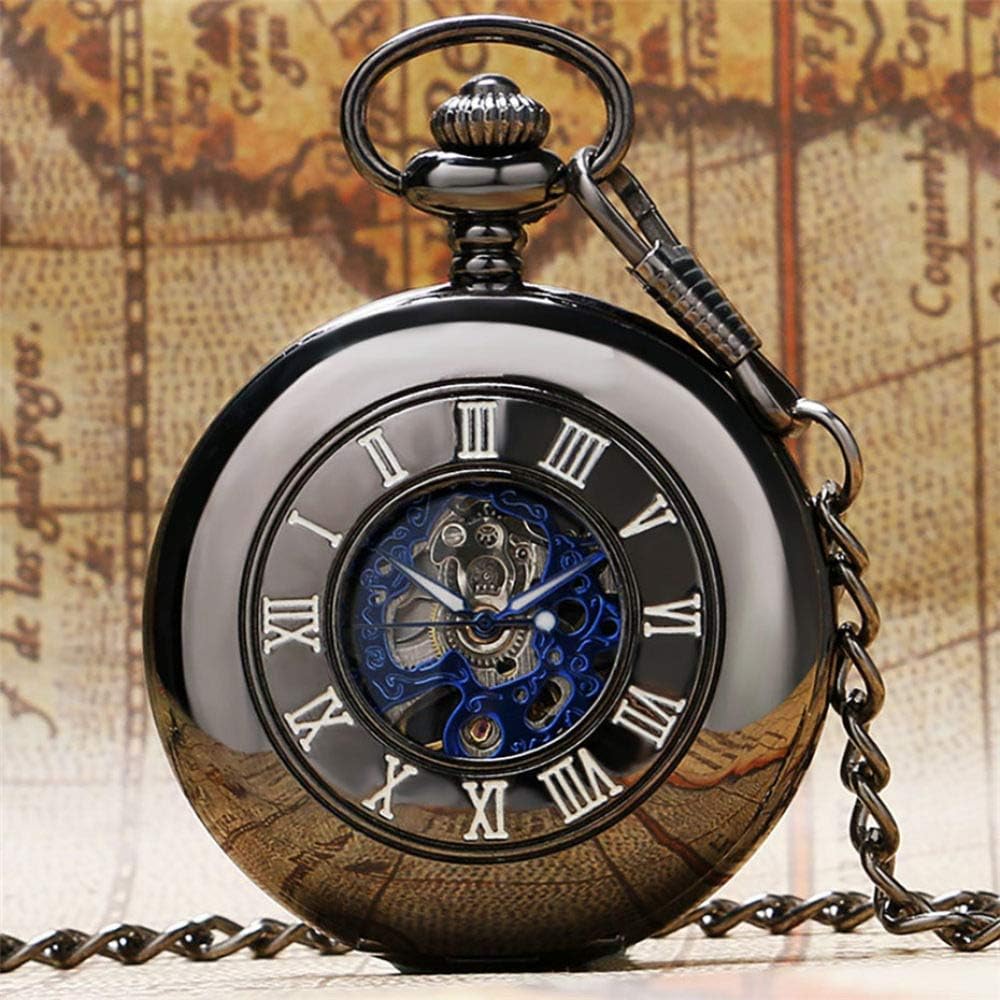 OIFMKC Pocket Watch Old Fashion Mechanical Men Pocket Watch Hand Winding Suit Pocket Clock Blue Roman Number Display Skeleton Pendant Clock Gift Men
