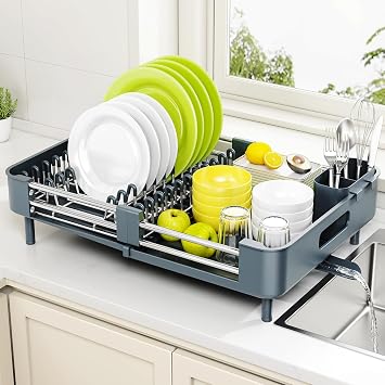 Urackify Extendable Stainless Dish Drying Rack for Kitchen Counter | 13.78"W x 18.7"L, Foldable Drainboard for Space Saving, Knife and Utensil Holder, Fast-draining Spout, Dark Slate Teal
