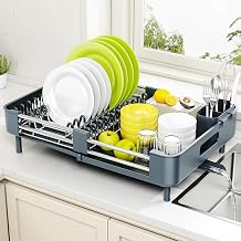 Urackify Stainless Steel Dish Drying Rack - Dish Drainer for Kitchen Counter, Extendable Drainboard with Foldable, Space-Saving Cup & Bowl Organizer, Includes Knife and Utensil Holder, Matte-Green