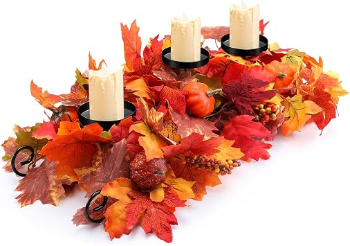 Yunlly Fall Candleholder Centerpiece Maple Leaf Pumpkin Table,Bright Style | No Candle, Harvest Table Decor, Artificial Maple Leaves Berries Pumpkins, Reusable for Thanksgiving Autumn Dining Room