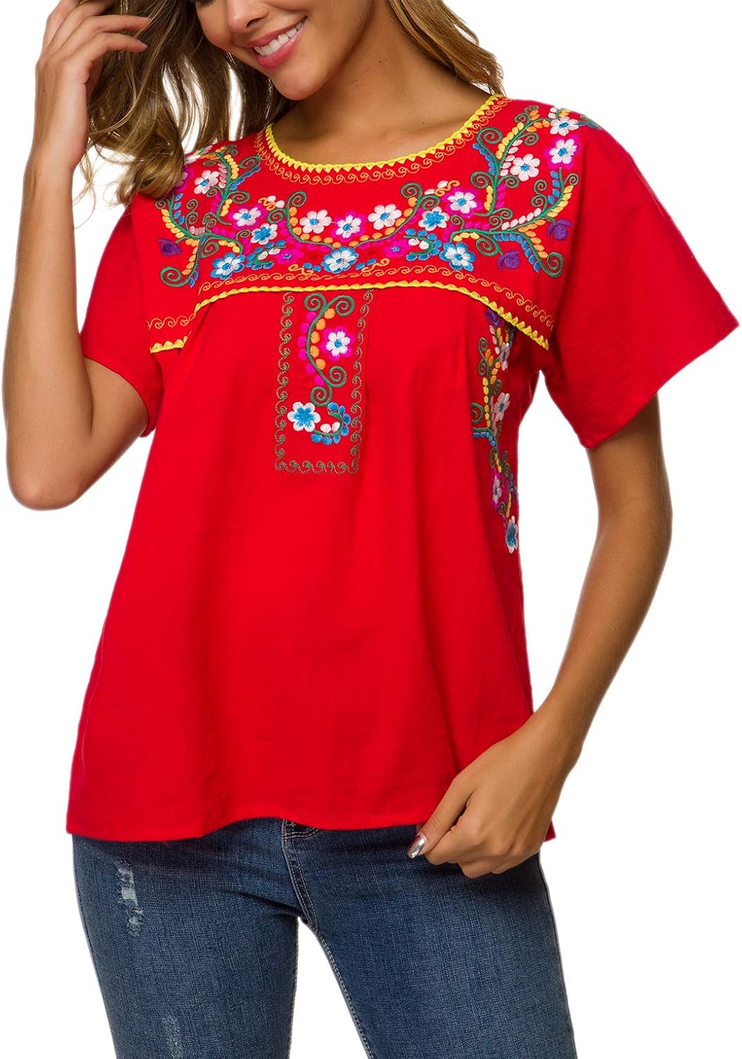YZXDORWJ Women's Embroidered Mexican Peasant Blouse Mexico Summer Shirt Short Sleeve