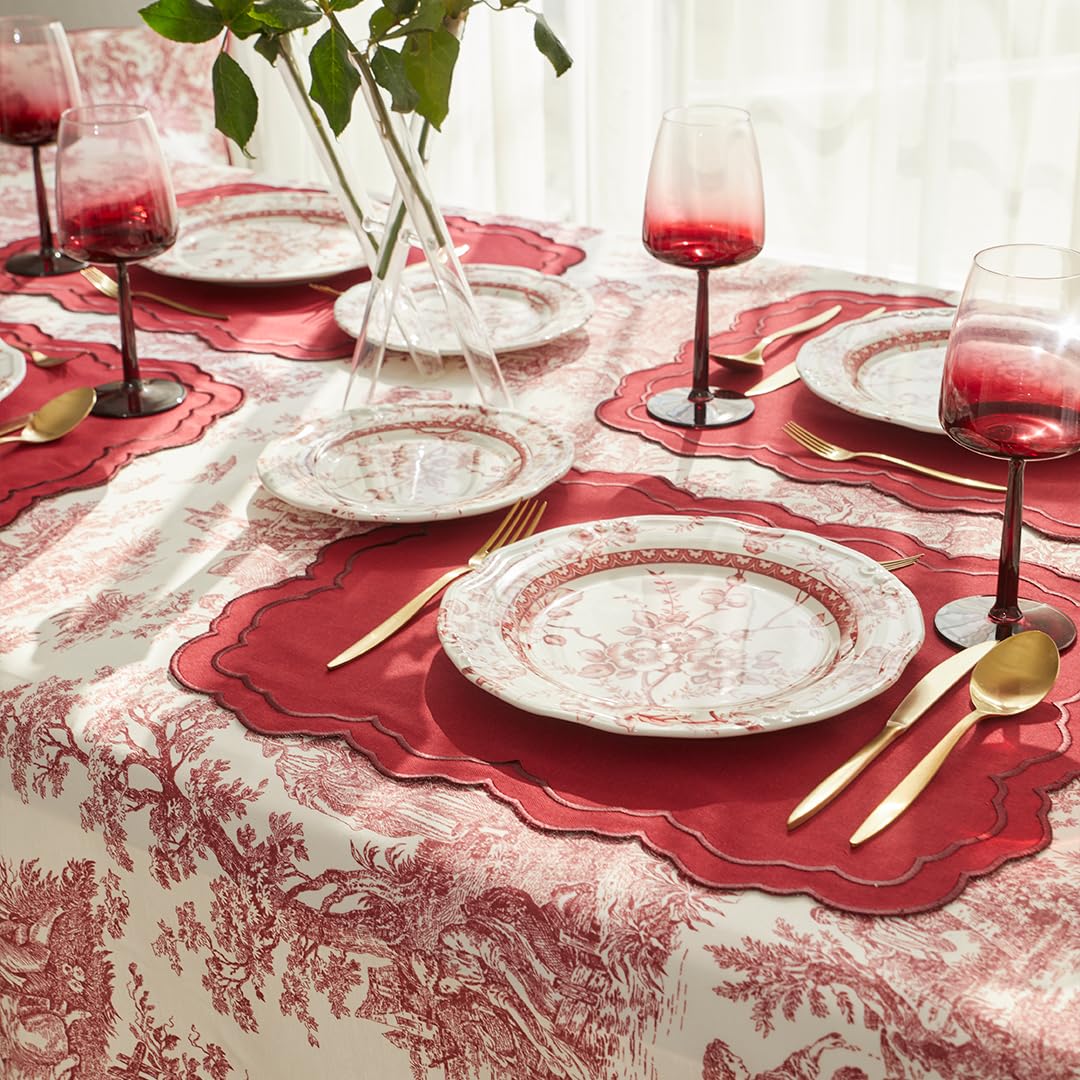 Pierre Scalloped Linen Placemats Set of 2, Decorative Table Placemats for Dining Table, Elegant Washable Table Mats 16x20 Inch (Burgundy)