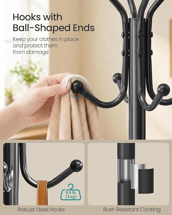 SONGMICS Freestanding Coat Rack, 16 Hooks, Steel Coat Tree with Marble Base