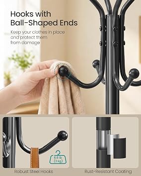 SONGMICS Freestanding Coat Rack, 16 Hooks, Steel Coat Tree with Marble Base