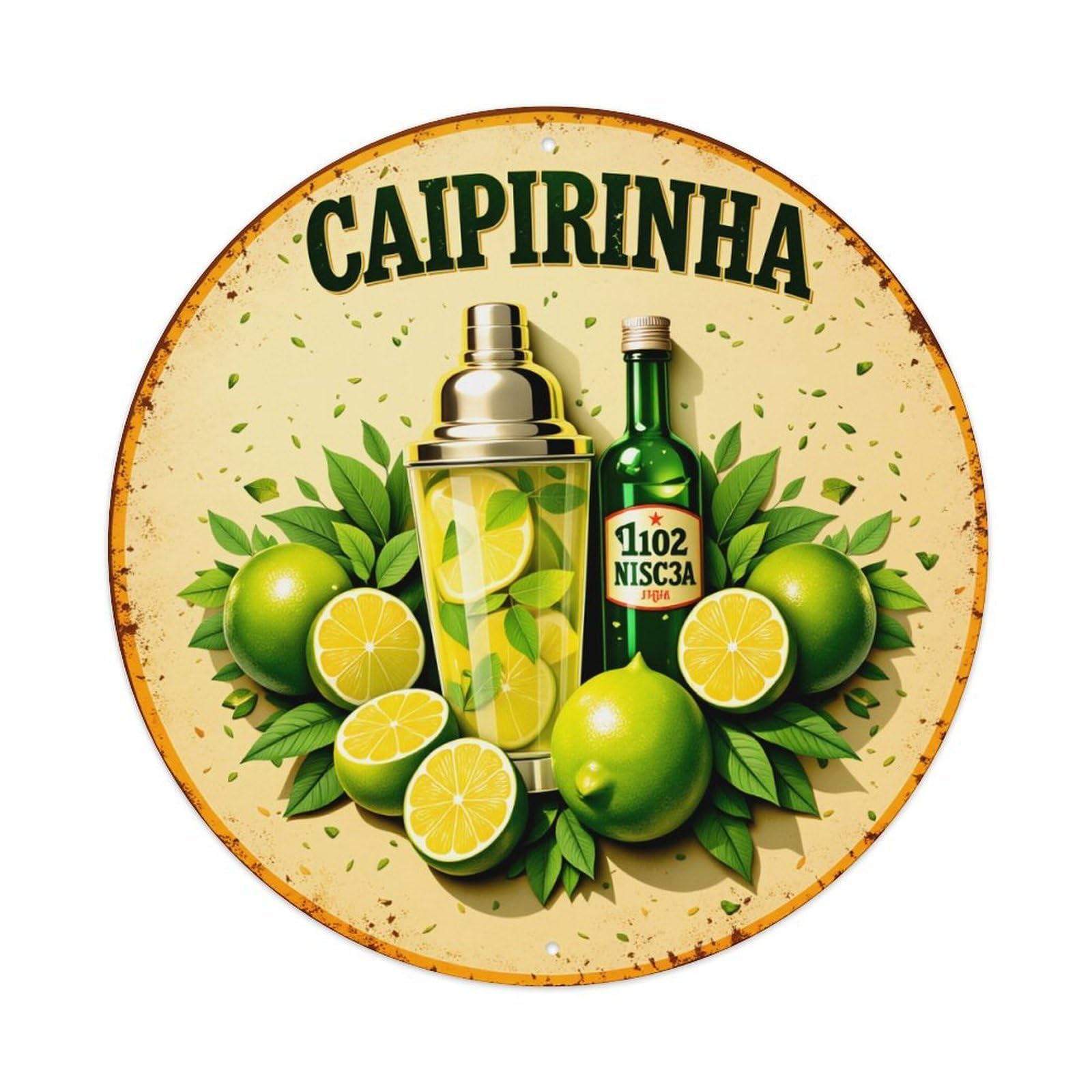 Caipirinha Lime Cachaça Shaker Leaves Round Tin Sign Vintage Metal Poster, Home Bar Garage Man Cave Cafe Indoor & Outdoor Wall Decoration 8x8Inches