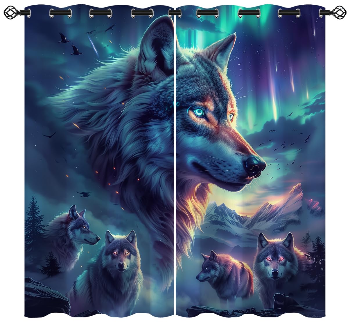 XINBADU Wolf Blackout Curtains for Girls Boy Home Decor, Aurora Northern Light Galaxy Fantasy Animal Grommet Thermal Insulated Drapes Darkening Window Curtain for Bedroom Living Room, 63 x 63 Inch