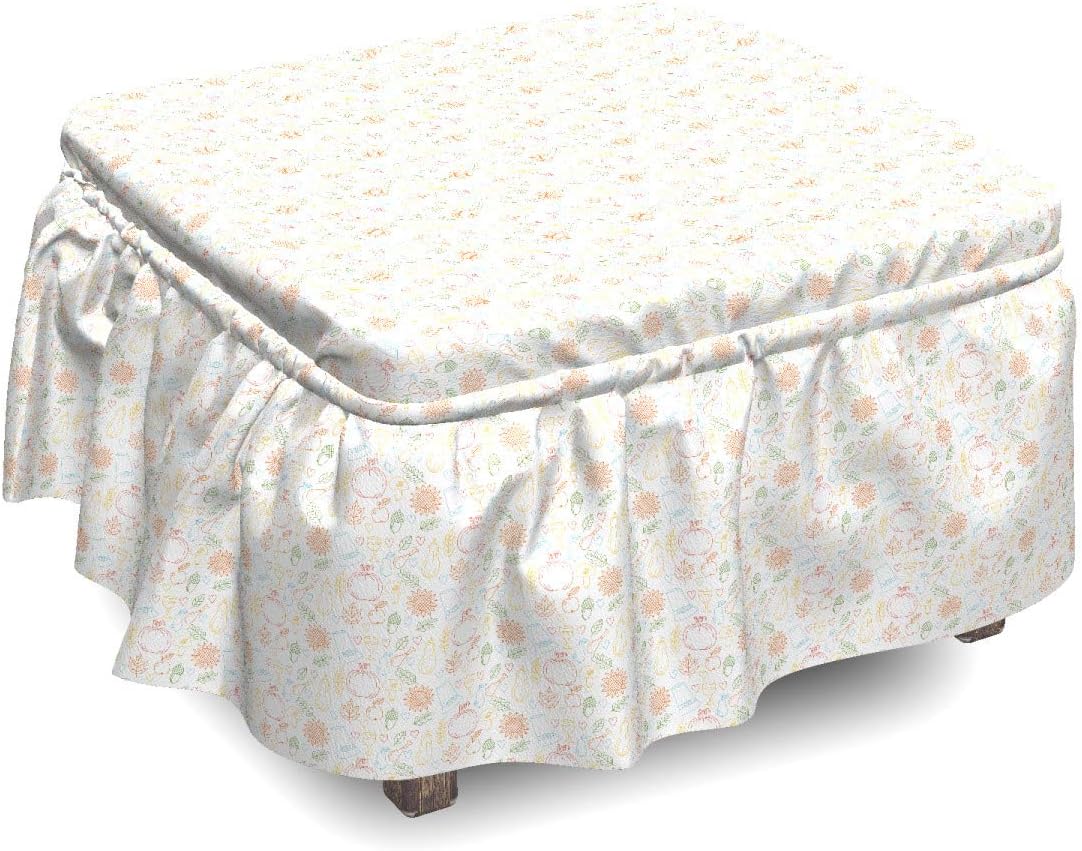 Lunarable Thanksgiving Ottoman Cover, Seasonal Doodle Art, 2 Piece Slipcover Set with Ruffle Skirt for Square Round Cube Footstool Decorative Home Accent, Standard Size, Beige