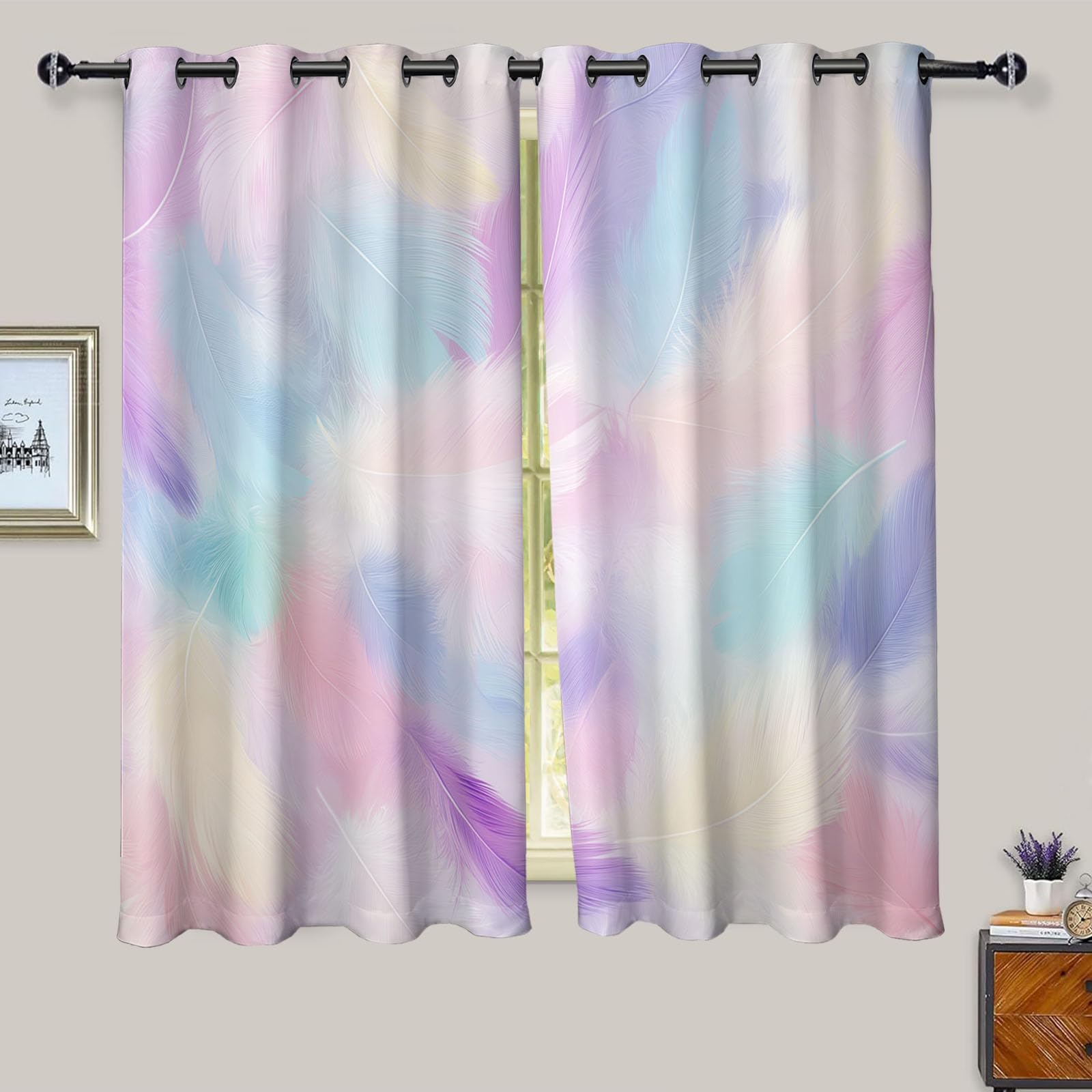 Rideau occultant salon 132x158 cm lot de 2 à oeillets imprimé plumes