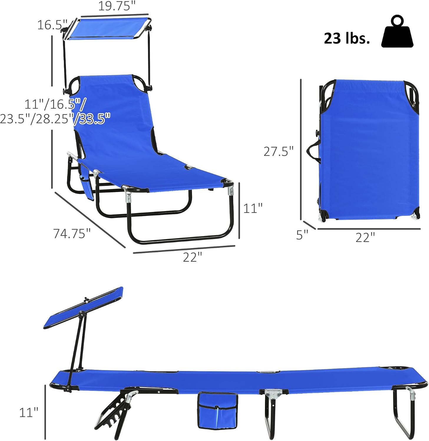 Outsunny Folding Chaise Lounge Pool Lounge Chairs Set of 2, Outdoor Sun Tanning Chairs with Canopy Shade, Reclining Back, Steel Frame and Side Pocket for Beach, Yard, Patio, Blue