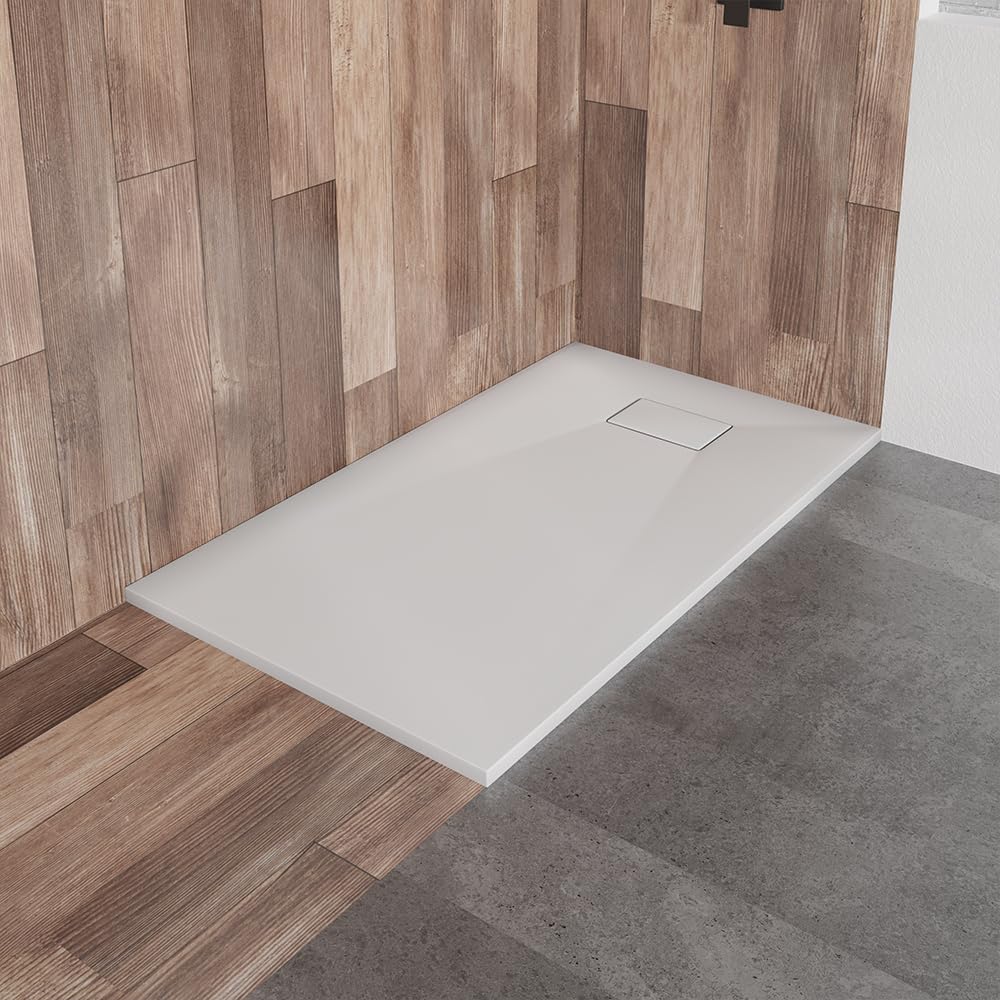 KOLMAN Duschwanne 150x90 cm Rechteck, Weiß, Komposit, Flach, Steinoptik, Ablaufgarnitur Ø 90 mm, Design-Duschtasse Rechteckig VIDAR SLIM