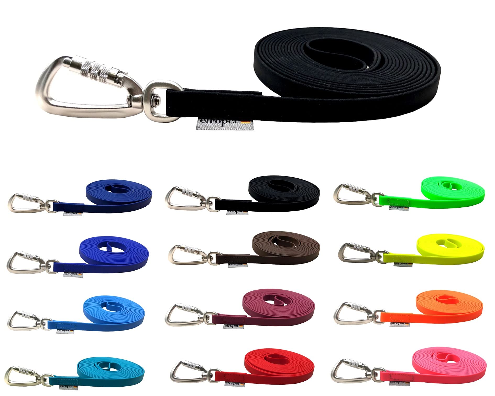 Schleppleine Biothane Hundeleine große Hunde 1m / 2m / 3m / 5m / 10m / 15m Sicherheitshaken (12m OHNE Handschlaufe, Schwarz)