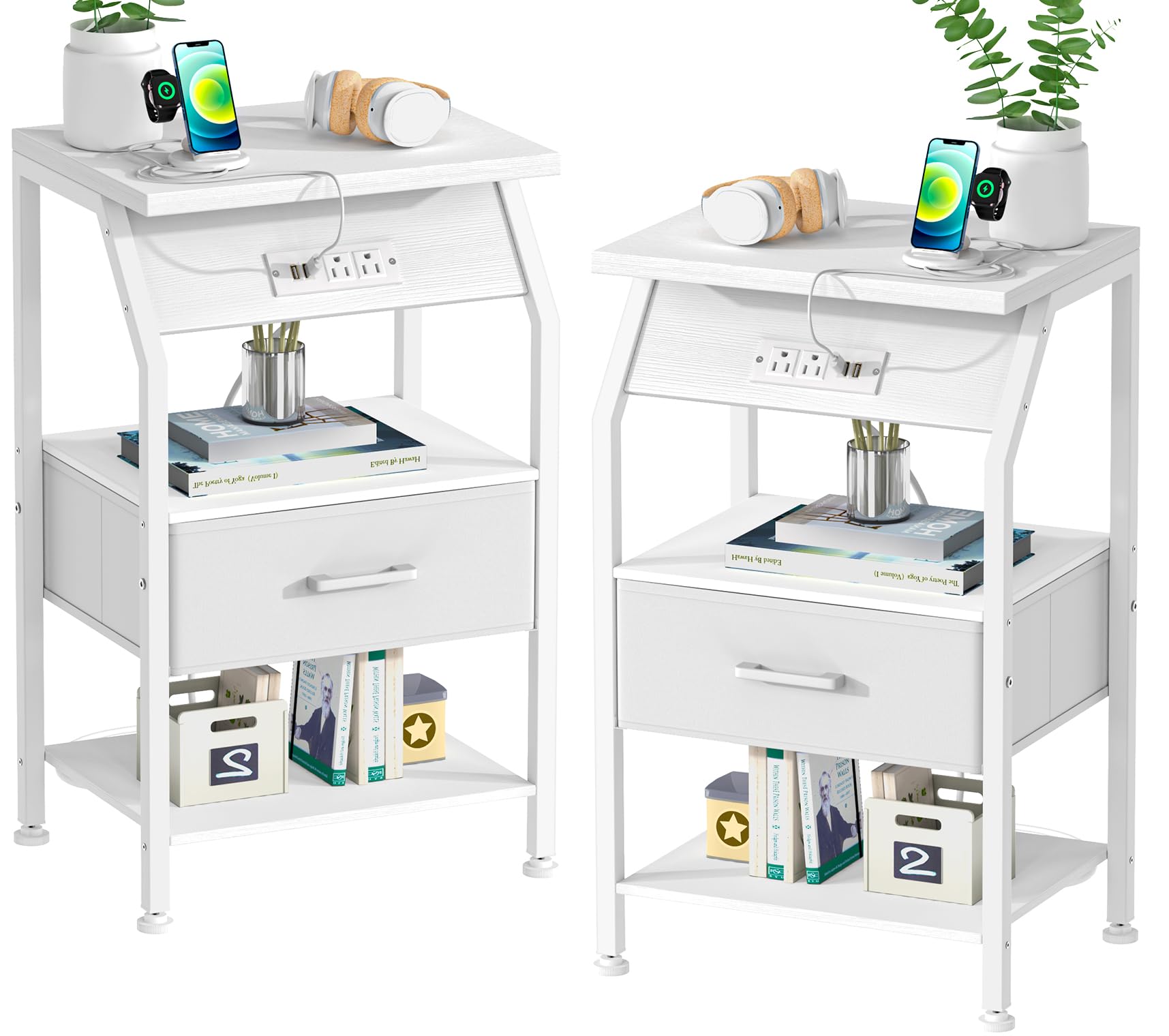 Gannyfer Nightstand Set of 2 with Charging Station and USB Ports, Night Stand with Fabric Drawer and Storage Shelf, Small Bedside Table for Bedroom, 3-Tier End Table for Living Room,White