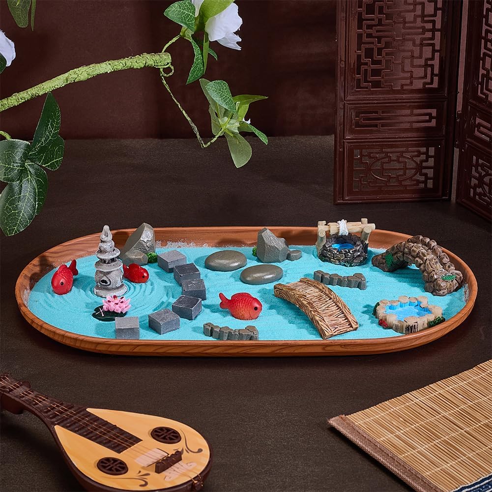 WEBEEDY Japanese Relax Desktop Zen Garden Kit for Desk,12x6.5Inch Mini Zen Sandbox Decor with Fish Lotus Ornaments & Tools Relaxation and Meditation Accessories for Home & Office,30.6x16.5 cm