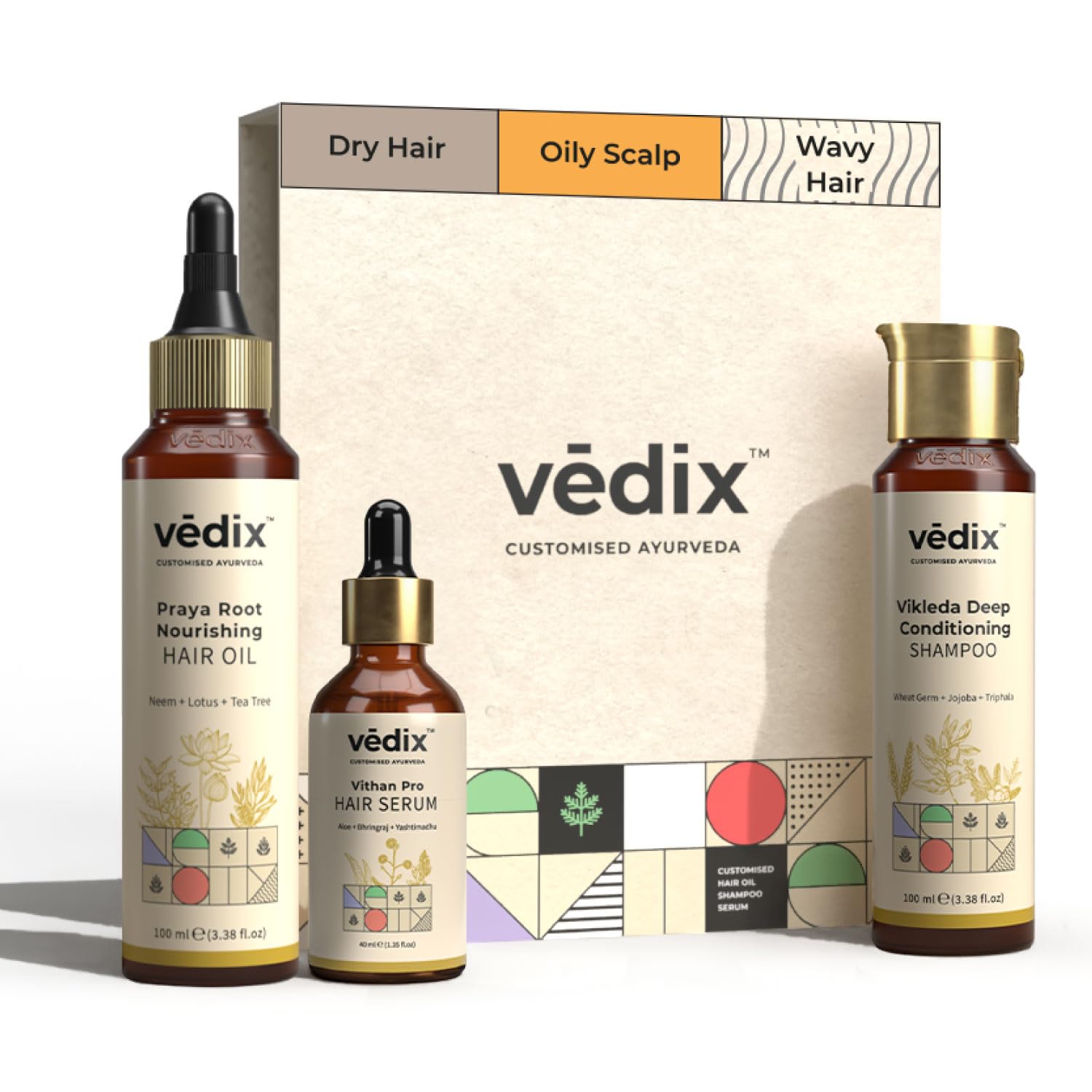 Vedix Customized Hair Fall Control Regimen For Dry - Oily Scalp & Wavy Hair - 3 Product Kit - Anti Hair Fall Oil Neem + Vithan Pro Hair Growth Serum