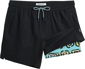 maamgic Mens Swim Trunks 5.5 inch Seersucker 2 in 1 Beach Shorts Quick Dry Bathing Suits with Compression Liner