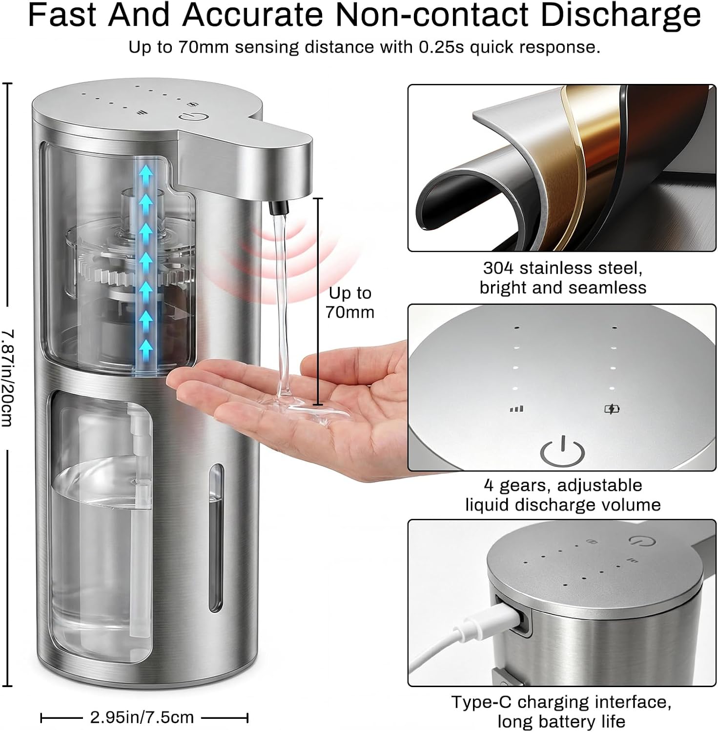 Touchless Soap Dispenser Automatic- A Touchless Dish Soap Dispenser,Clog-Free Pump,Quiet Design, IPX5 Hand Soap Dispenser with 3-Level Volume Control for Bathroom & Kitchen 13.5oz（Stainless Steel）