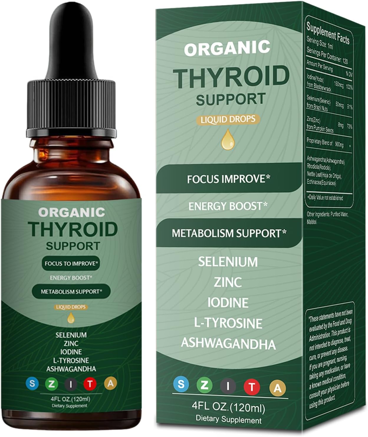 Thyroid Support Liquid Drops with Selenium, Zinc, Iodine, L-Tyrosine & Ashwagandha for Hormone Balance, Daily Energy & Metabolism Support - 4 fl. oz. (120mL)