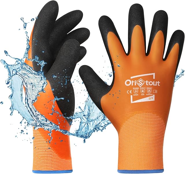 Waterproof Winter Gloves, Thermal Work Gloves for Cold Weather, Touchscreen, Super Grip, for Gardening, Fishing, Car Washing, Freezer Gloves, Orange, Small