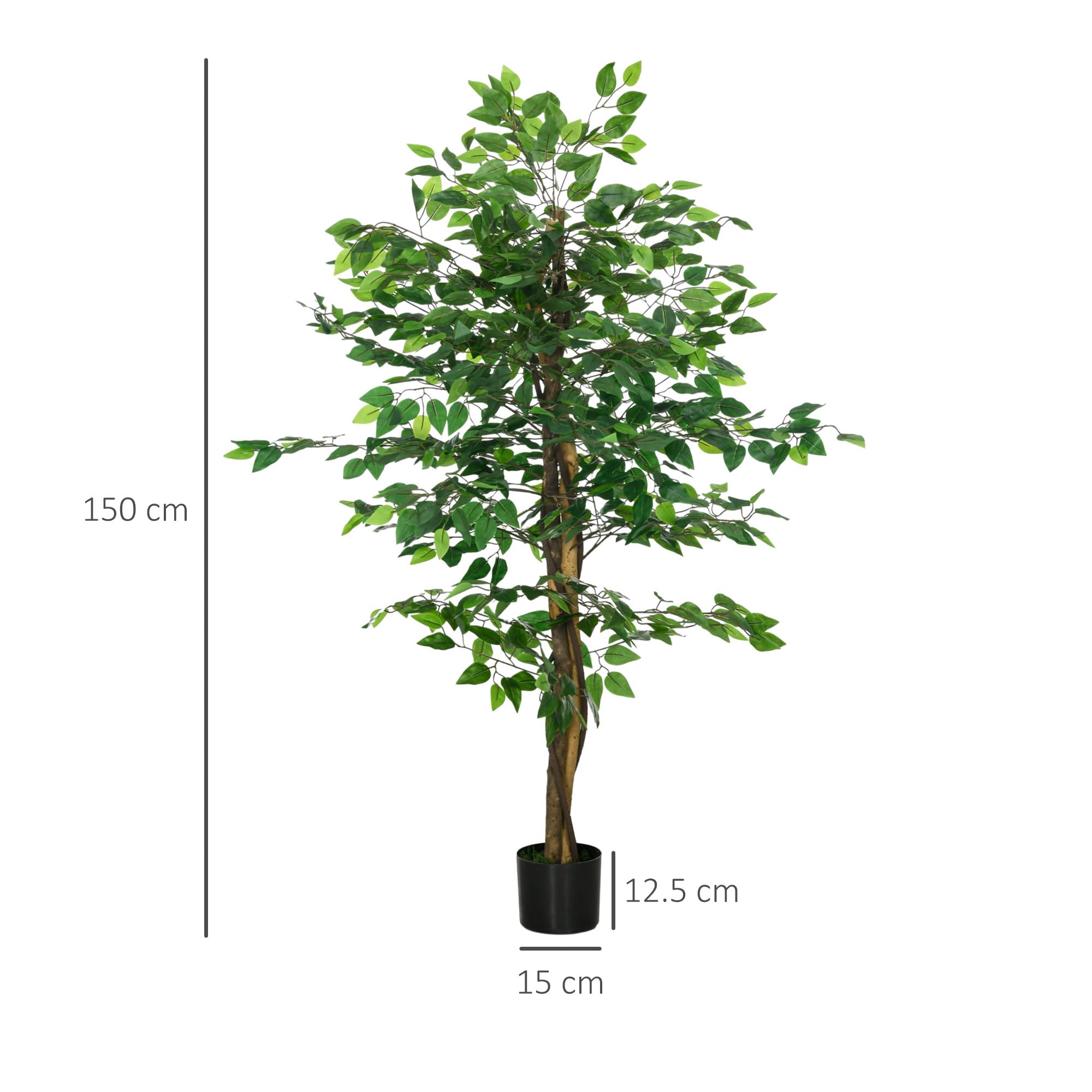 HOMCOM Pianta Finta di Ficus 150 cm con 882 Foglie, Pianta Artificiale da Esterno e Interno, Vaso Incluso, Verde