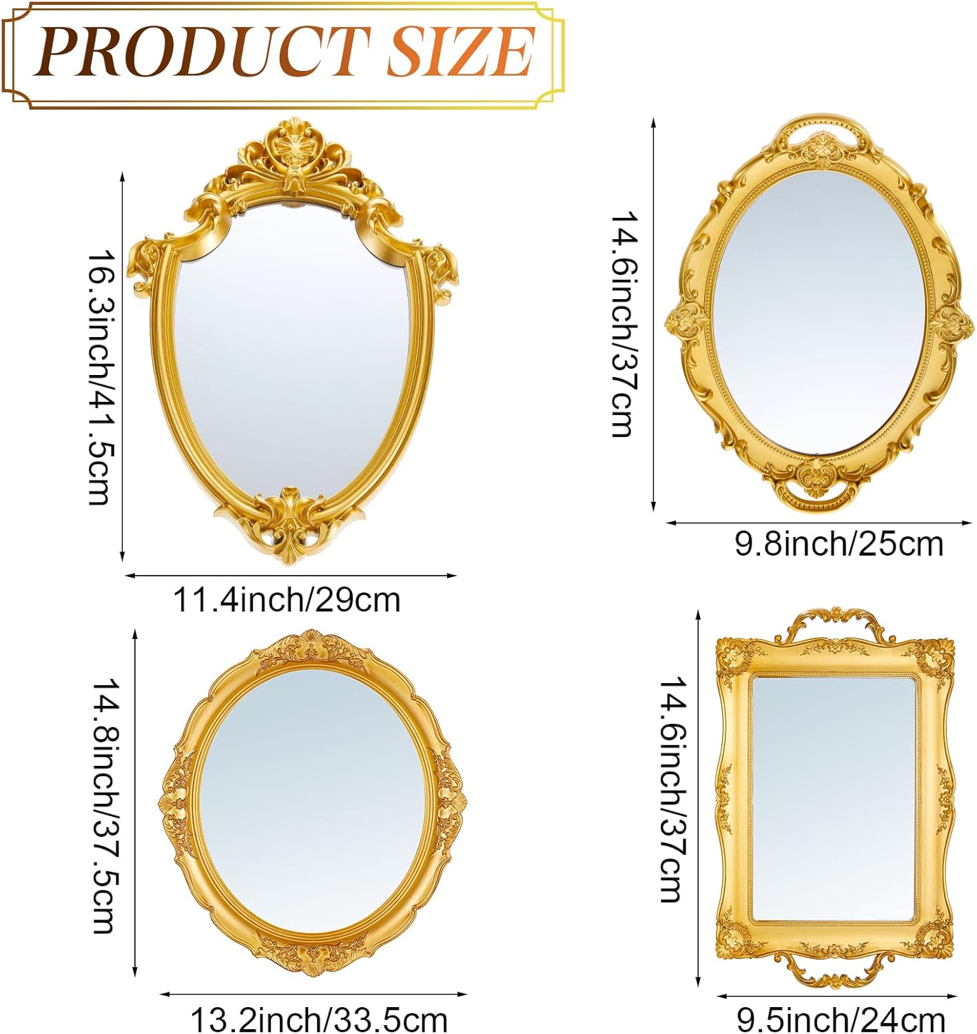 4 Pcs Vintage Gold Mirror Set Including Small Oval Wall Decorative Antique Shield Shape Square Decorative Mirror Jewelry Dresser Organizer Tray for Bedroom Wedding Victorian Decor(Gold)