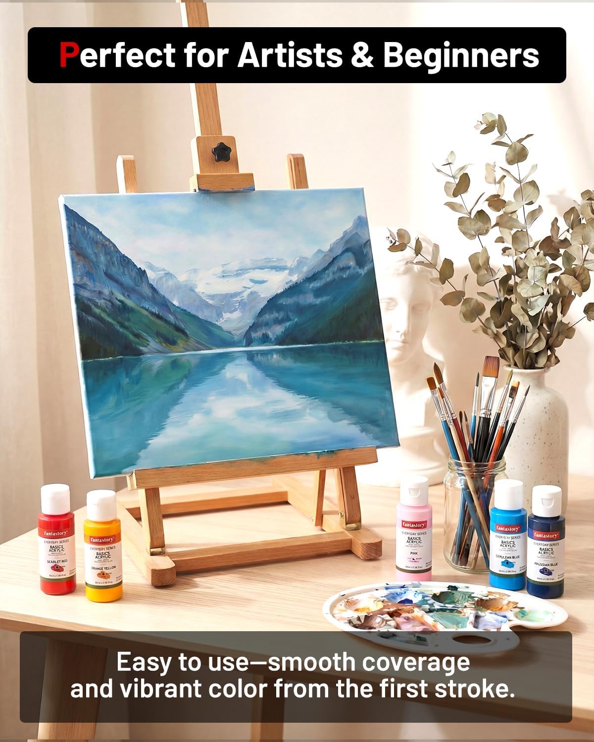 Fantastory Acrylic Paint Set, 36 Colors (2oz/60ml) with 16-Piece Kit (12 Brushes, Color Chart, Palette, Scraper, Sponge) – Includes 3 Metallic Colors. Non-toxic & waterproof paint for wood, pumpkin, rock, canvas, clay. Great for artists, DIY crafts & 3D printing.