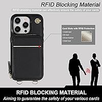 Vista 4 de Bocasal Funda tipo cartera cruzada para iPhone 15 Pro, funda de piel con bloqueo RFID y soporte para tarjetas, funda protectora con cremallera
